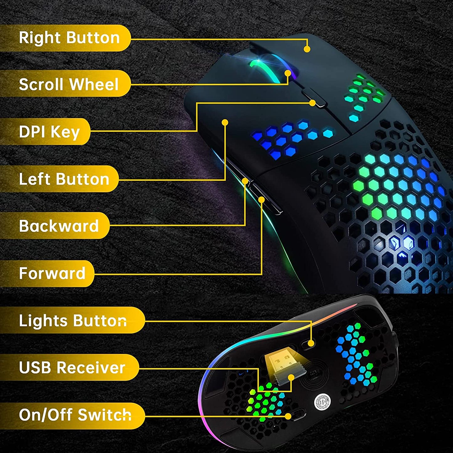 Wireless Gaming Mouse with Honeycomb Shell, 11 RGB Backlit, 3,400 DPI, 6 Programmable Buttons, USB Receiver, Power Saving, Wireless Mouse for PC/Mac/Laptop in Black