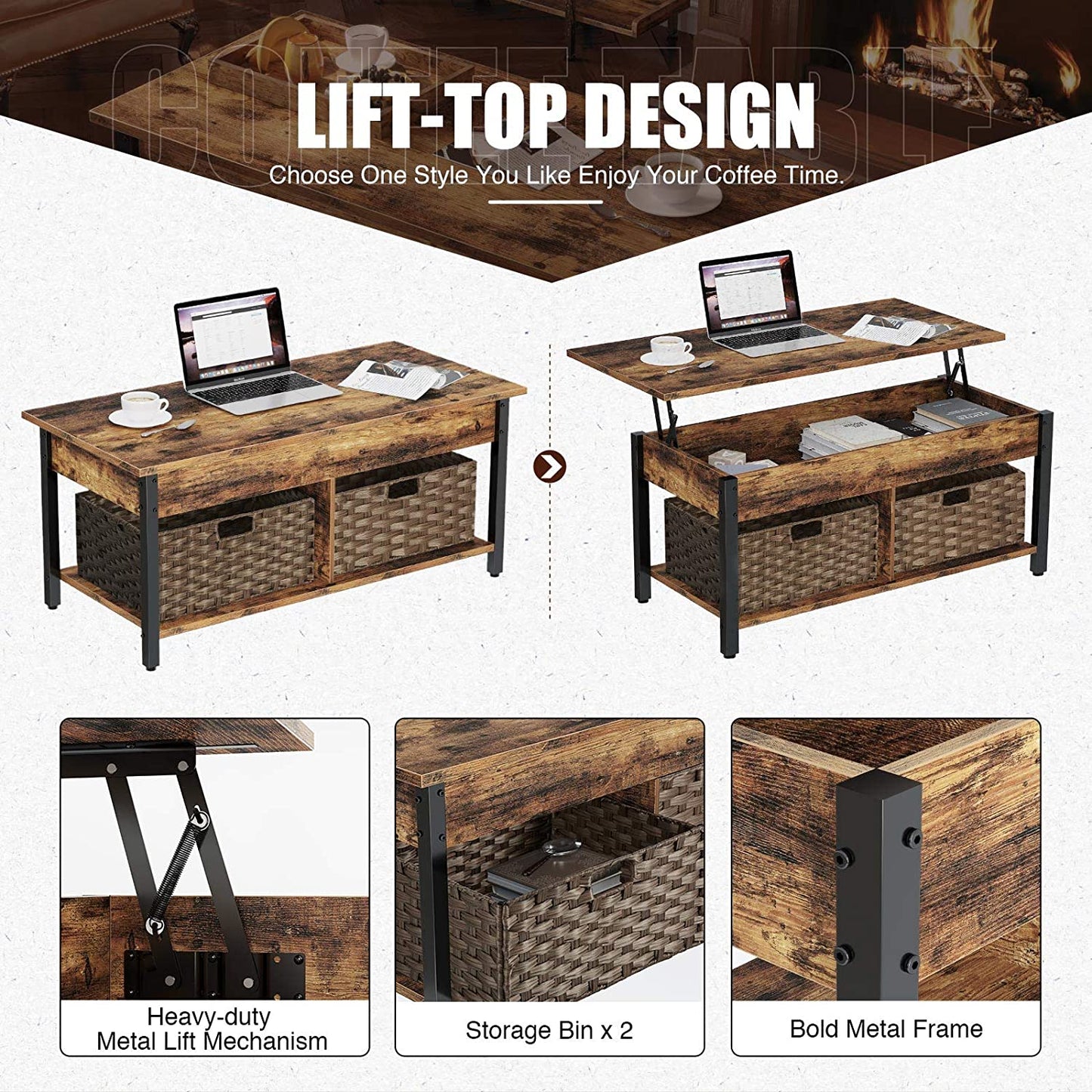  Retro Coffee Table with Lift Top, Hidden Storage Compartment, and Rattan Baskets - Wooden Lift Tabletop and Metal Frame - Rustic Brown - Ideal for Living Room