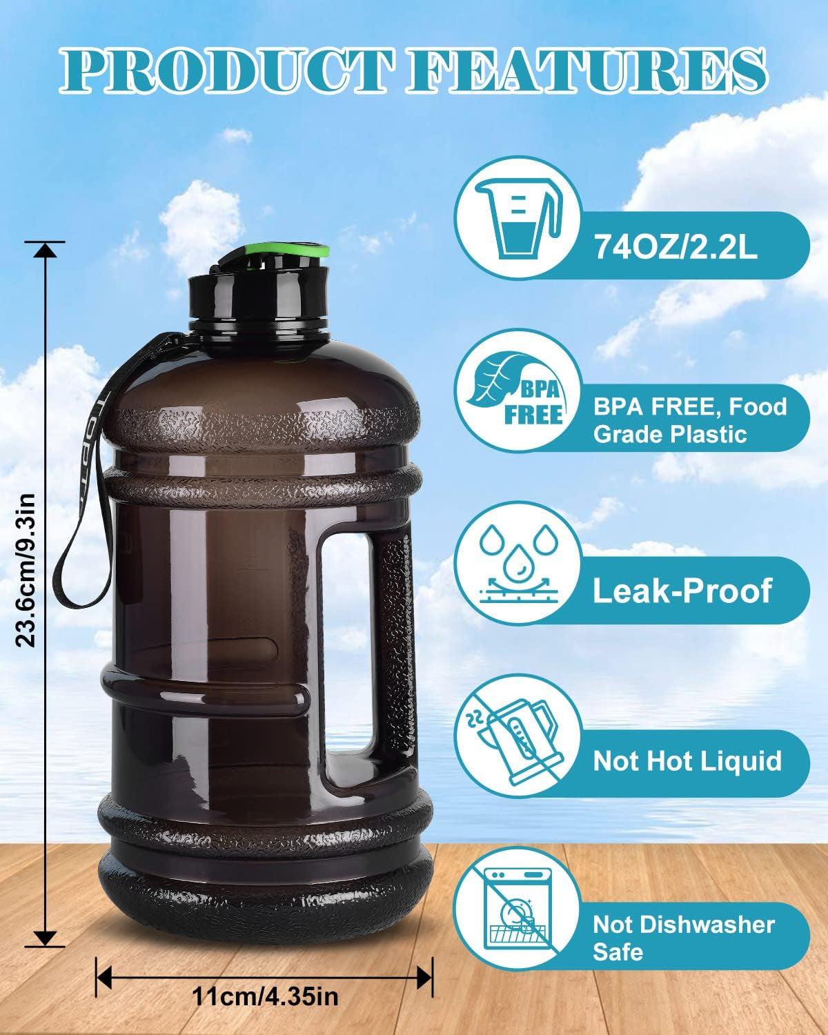 Large Capacity Sports Water Jug with Handle and Strap: 2.2L Half Gallon Water Bottle, Leak-Proof, Perfect for Workout, Camping, and Cycling
