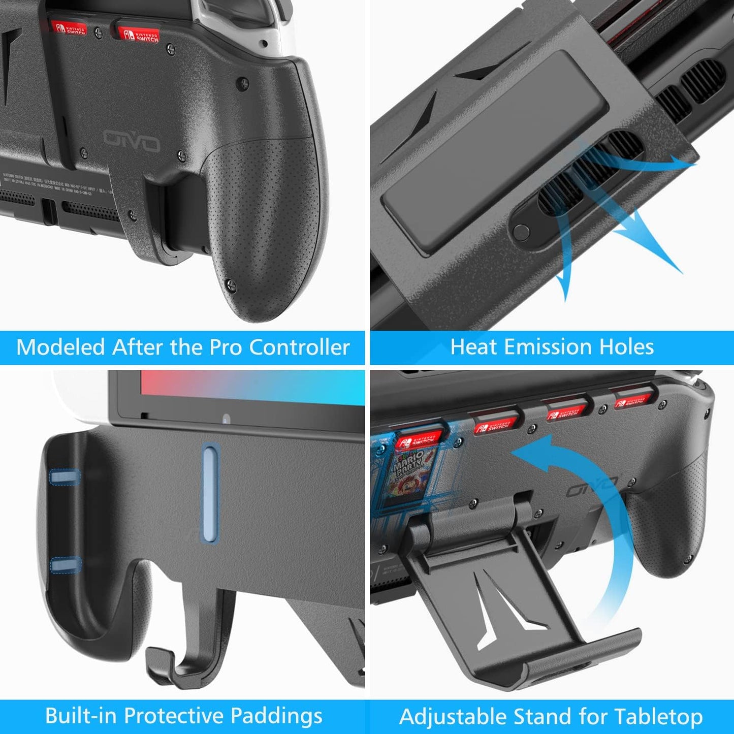 Switch Pro Grip with Enhanced Adjustable Stand and Cartridge Holders for Nintendo Switch, Ergonomic Asymmetrical Grip Design, 5 Game Slots, and 4 Thumb Caps Included