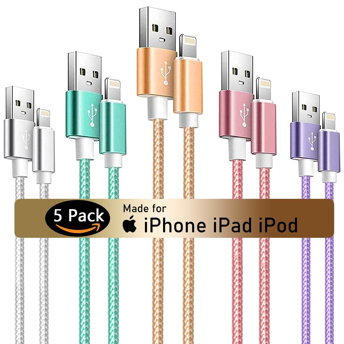 Apple Charger Cable - MFi Certified Nylon Braided Lightning Cable - 5Pack (3/3/6/6/10Ft) iPhone Charger Cord - Phone Chargers for iPhone 14, 13, 12, 11, Xs Max, XR, X, 8, 7, 6S Plus, iPad, iPod, AirPods