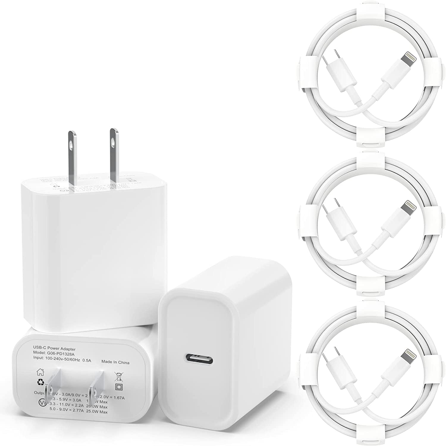 White 20W PD USB C Wall Charger [Apple MFi Certified] - 3 Pack iPhone Fast Charger Adapter with 3 Pack 6FT Type C to Lightning Cable Compatible with iPhone 14/13/13 Pro/12/12 Mini/Pro/Pro Max and More