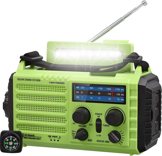 Multi-Powered Emergency Weather Radio with Solar Charging, Hand Crank, and USB Charger - AM/FM/SW/NOAA Radio with SOS Alarm, LED Camping Flashlight/Reading Lamp, Headphone Jack, and Compass