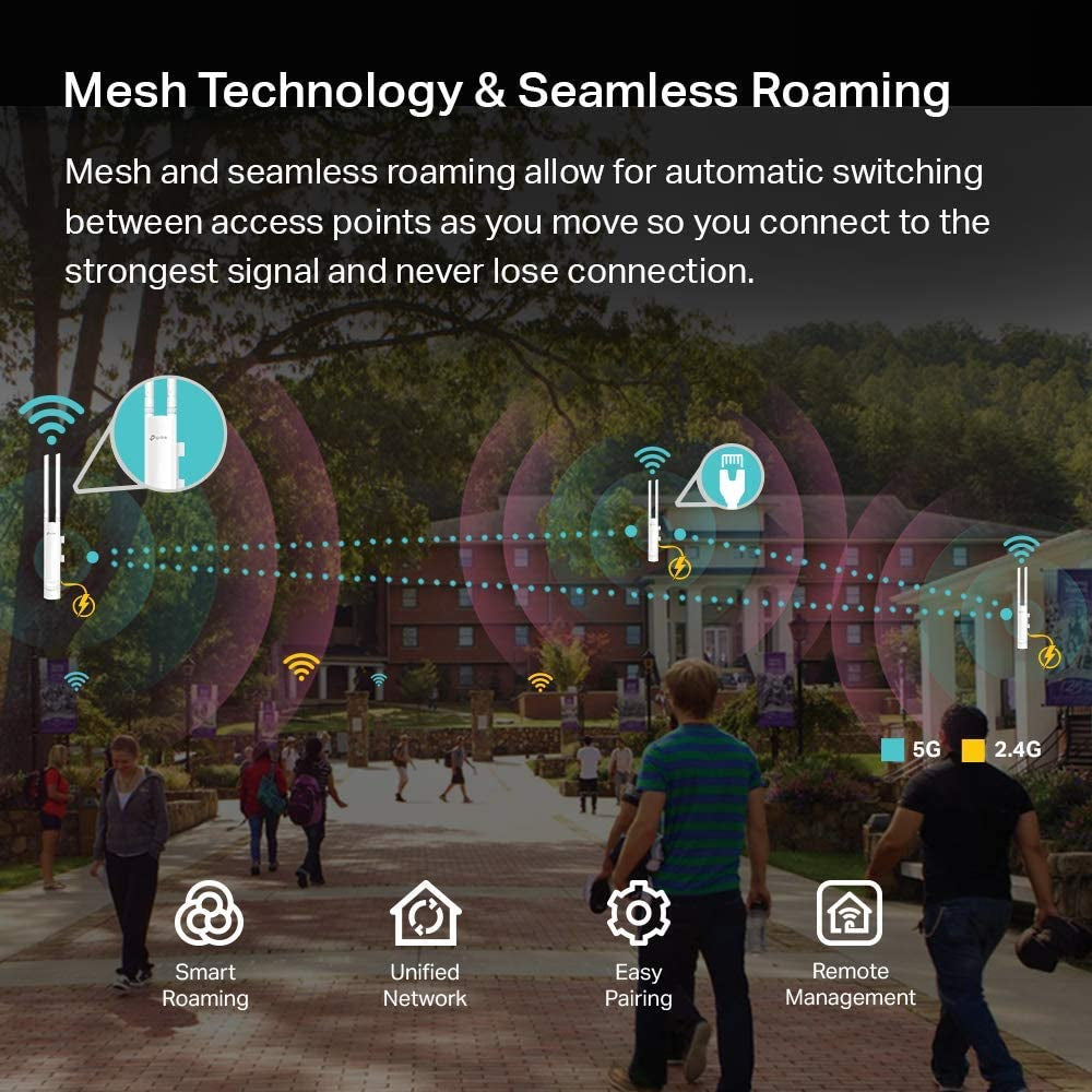 AC1200 Wireless Gigabit Outdoor Access Point - Eap225-Outdoor: A Business WiFi Solution with Mesh Support, Seamless Roaming, and MU-MIMO. Powered by PoE and Integrated with SDN, it offers Cloud Access, App Control, and a White Design.