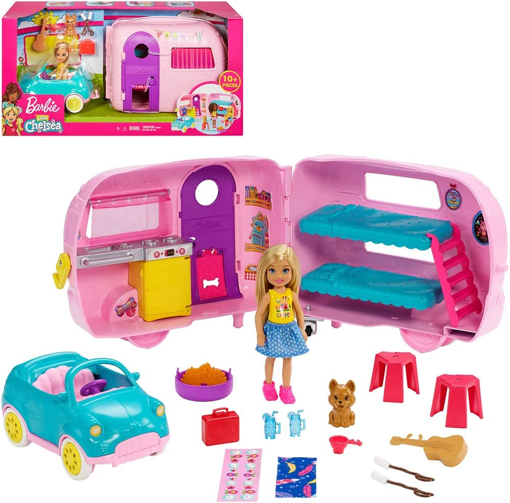 Club Chelsea Toy Car & Camper Playset - Includes Blonde Chelsea Small Doll, Puppy, and 10+ Accessories. Unhitch & Open for Campsite Fun.