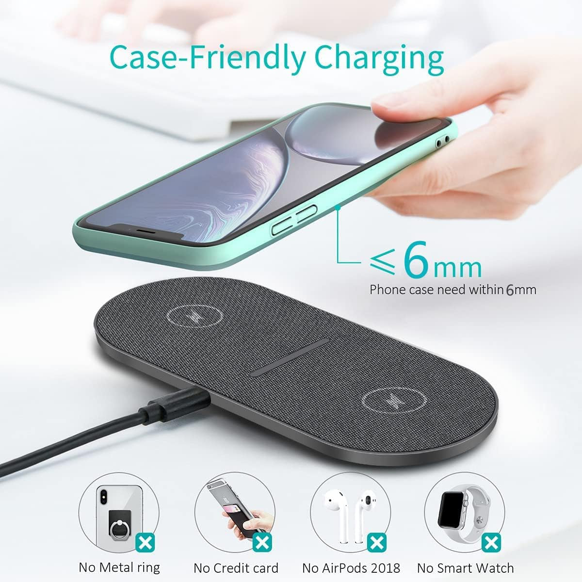 Dual 20W Wireless Charging Pad: 2 in 1 Fast Wireless Charging Mat for iPhone 14, 13, 12, 11/Pro/Plus/Mini/SE/X/Xs and Apple AirPods 3/2/Pro. Also, a 15W Wireless Charger Station for Samsung Galaxy/Note/Galaxy Buds.