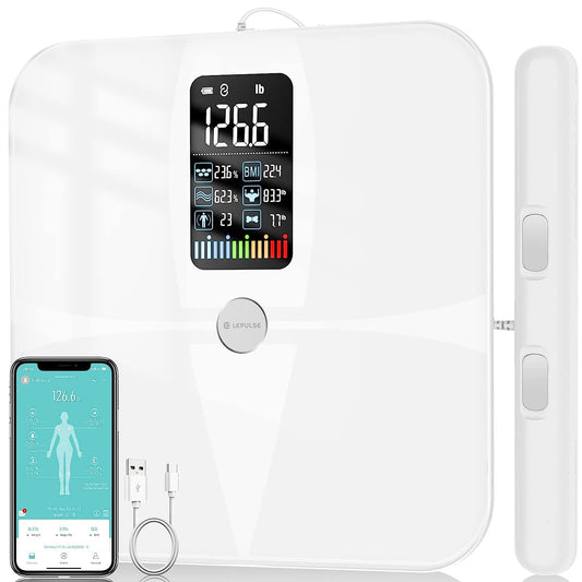 Large Display Body Fat Scale: Measures Body Weight and Fat with 8 Electrodes. Rechargeable Digital Bathroom Scale with High Accuracy. Smart Scale Monitors 20 Body Compositions with App.