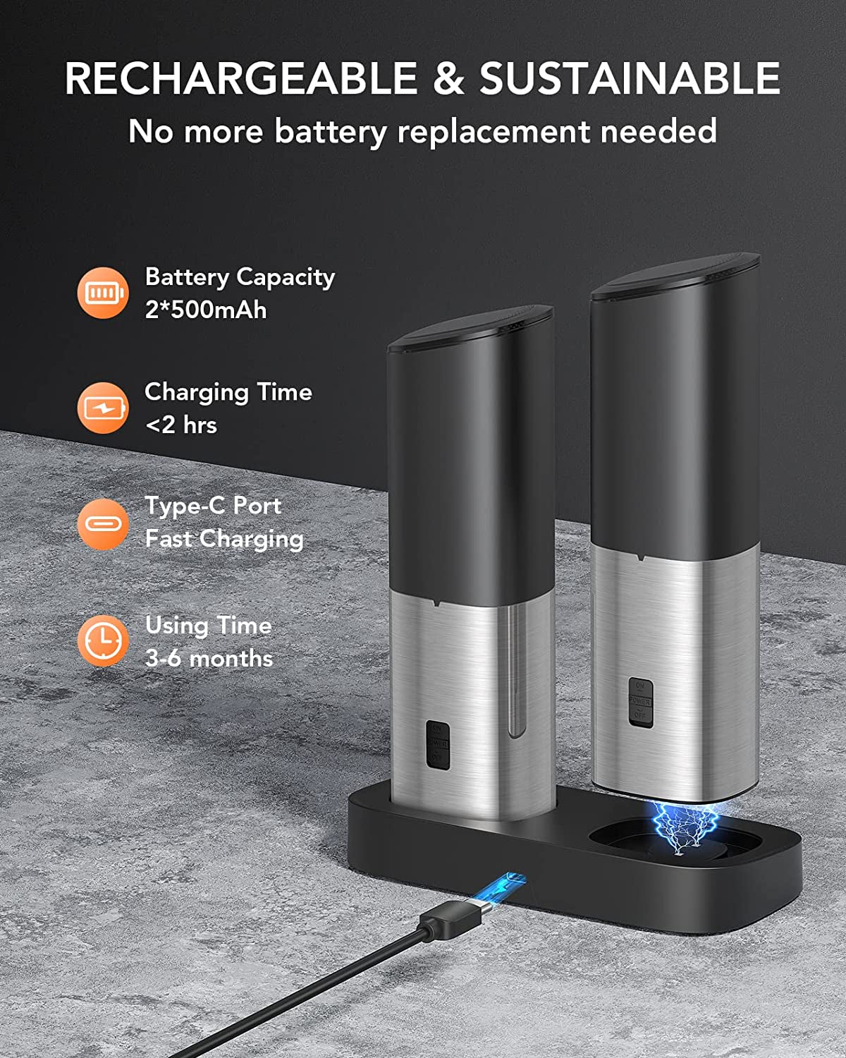 Rechargeable Salt and Pepper Grinder Set with Charging Base - Automatic Electric Pepper Mill, Adjustable Coarseness, Auto Dust Lids, LED Light, USB Type-C Cable - One-Handed Operation - Set of 2