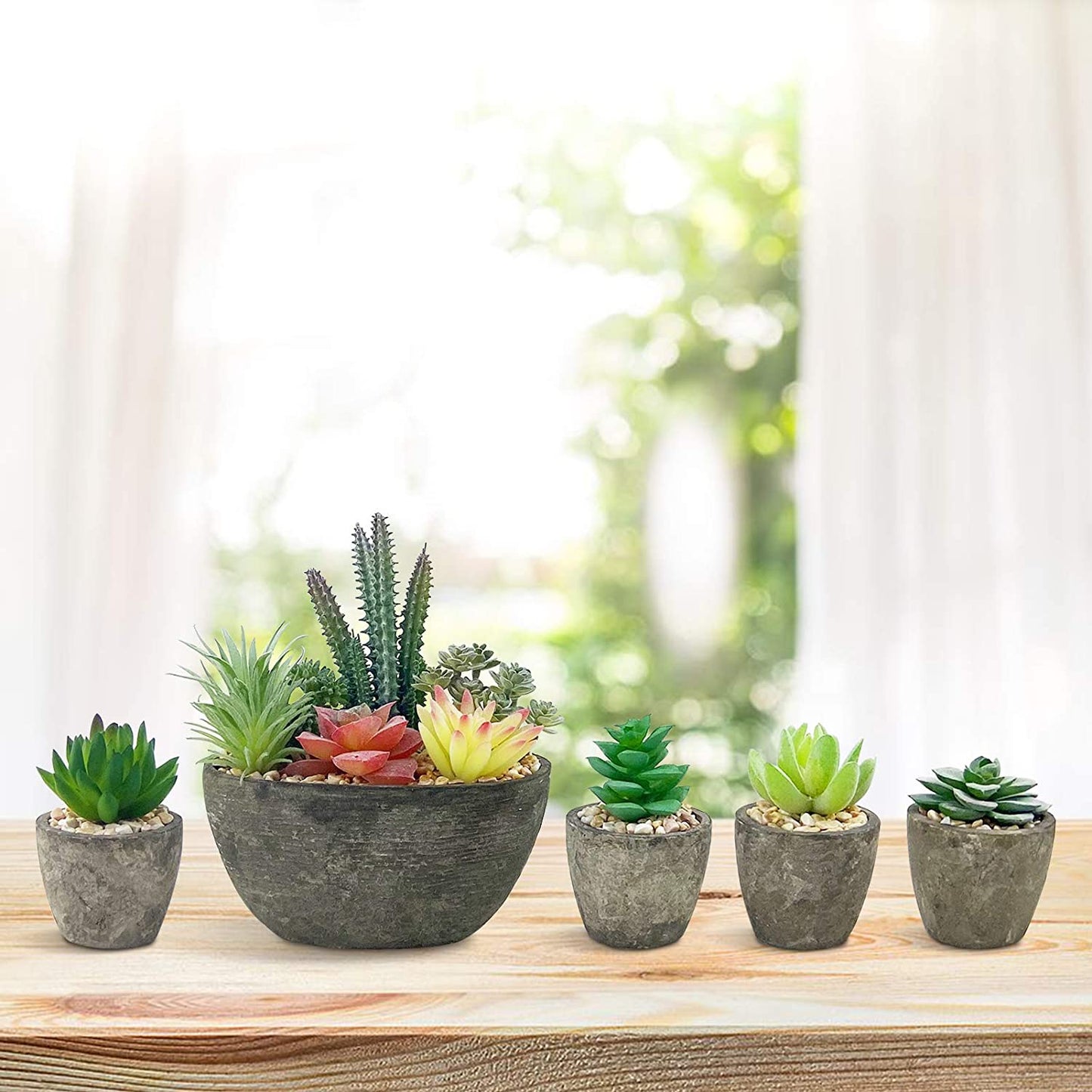 Set of 5 Artificial Succulent Plants with Realistic Appearance and Cement-like Pots for Elegant Home and Office Decoration