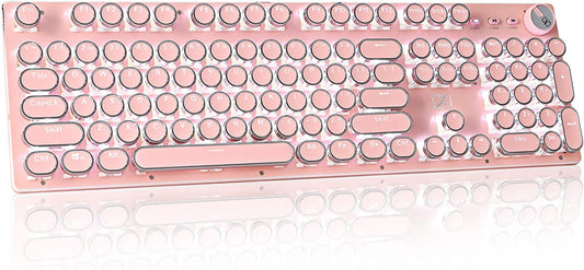 Stylish Pink Retro Steampunk Typewriter-Style Gaming Keyboard: Blue Switches, Pure White Backlight, USB Wired. Designed for PC, Laptop, Desktop Computer. Ideal for Gaming and Office Use. Features Round Keycaps for a unique look.