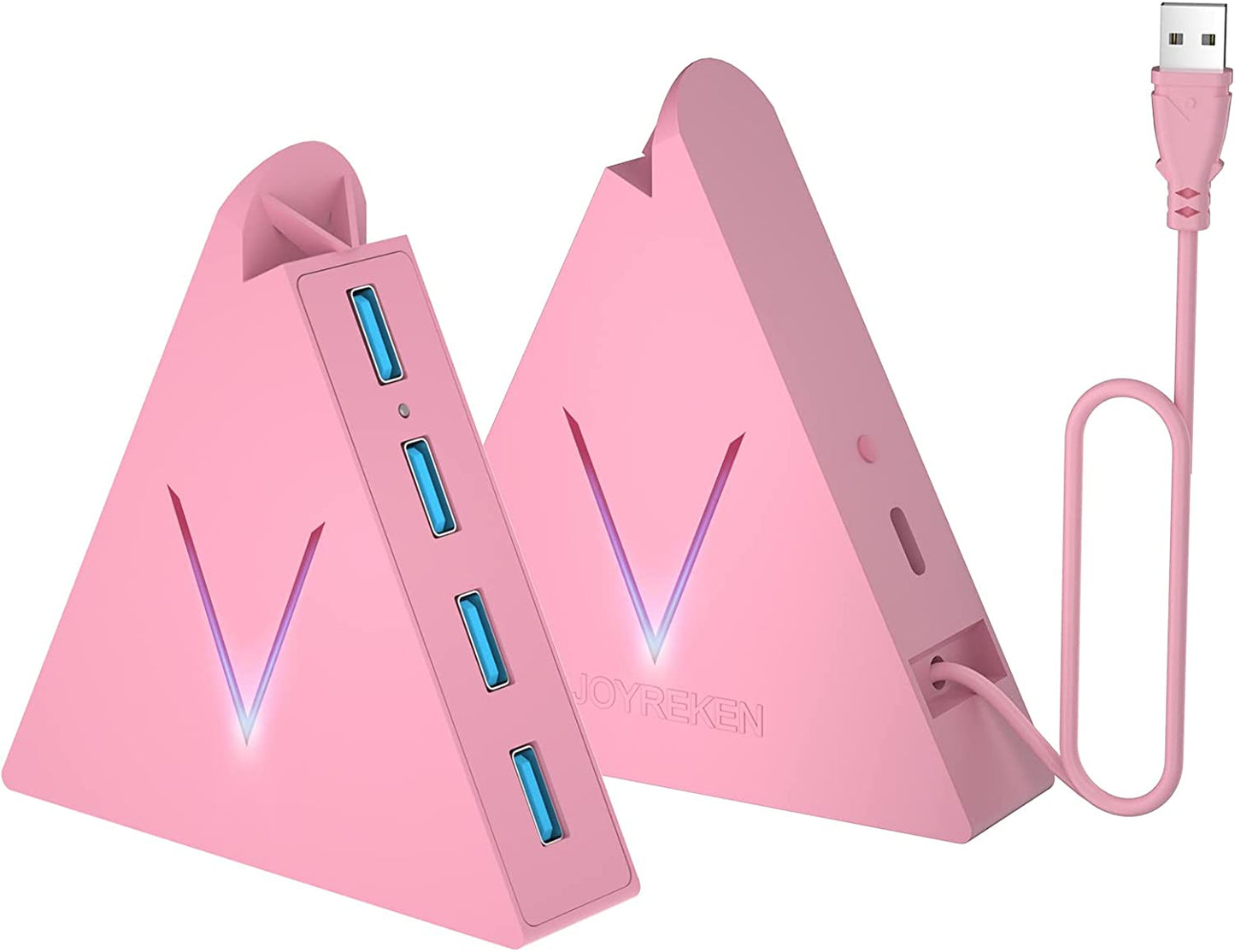 Vertical Data USB Hub with 2 Ft Extended Cable - Compatible with Mac, PC, Xbox One, PS4, PS5, iMac, Surface Pro, XPS, Laptop, Desktop, Flash Drive, Mobile HDD (Pink)