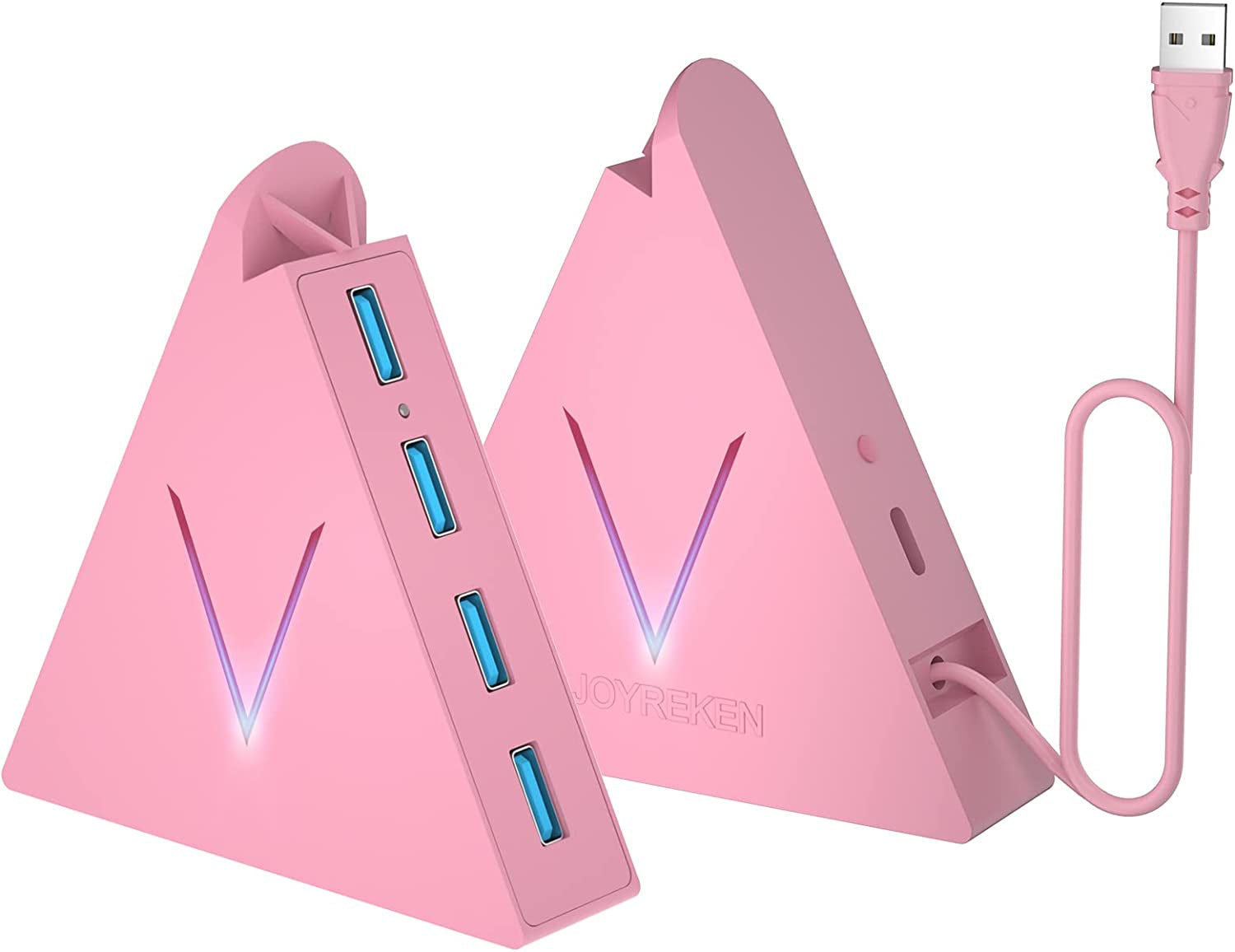 Vertical Data USB Hub with 2 Ft Extended Cable - Compatible with Mac, PC, Xbox One, PS4, PS5, iMac, Surface Pro, XPS, Laptop, Desktop, Flash Drive, Mobile HDD (Pink)