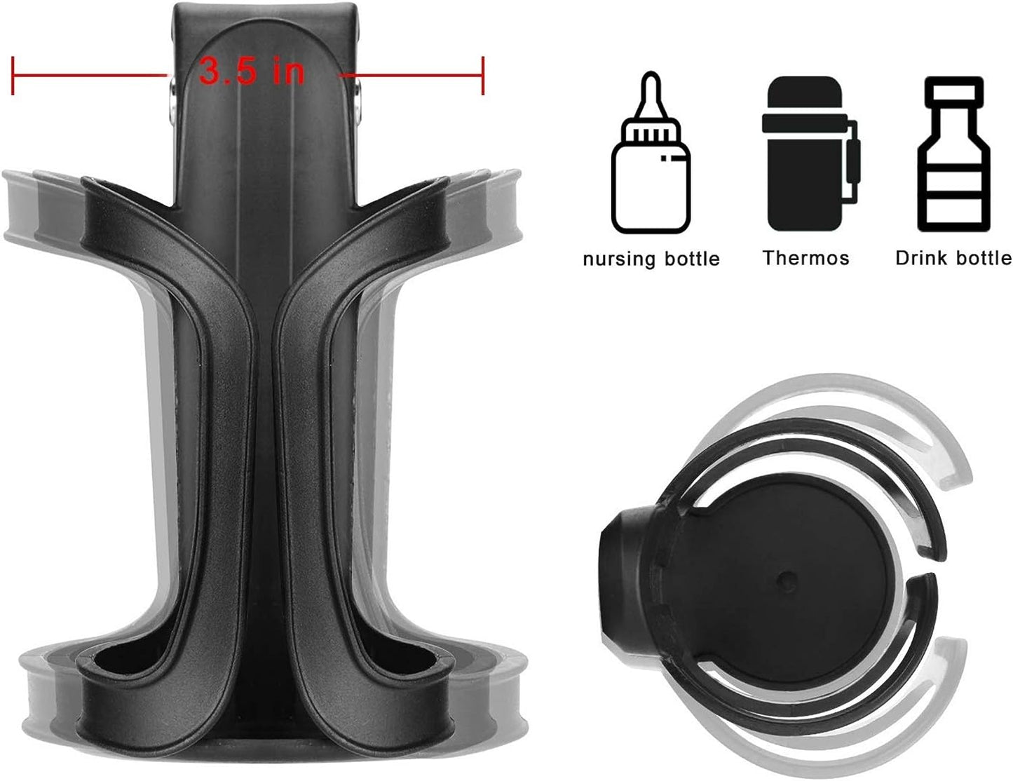 Universal Drink Holder (Two Pack): Designed for Strollers, Wheelchairs, Bikes, Walkers, Trolleys, Golf Carts, and more. Easy to Install and Perfect for Carrying Water Bottles, Coffee Mugs, and other beverages.