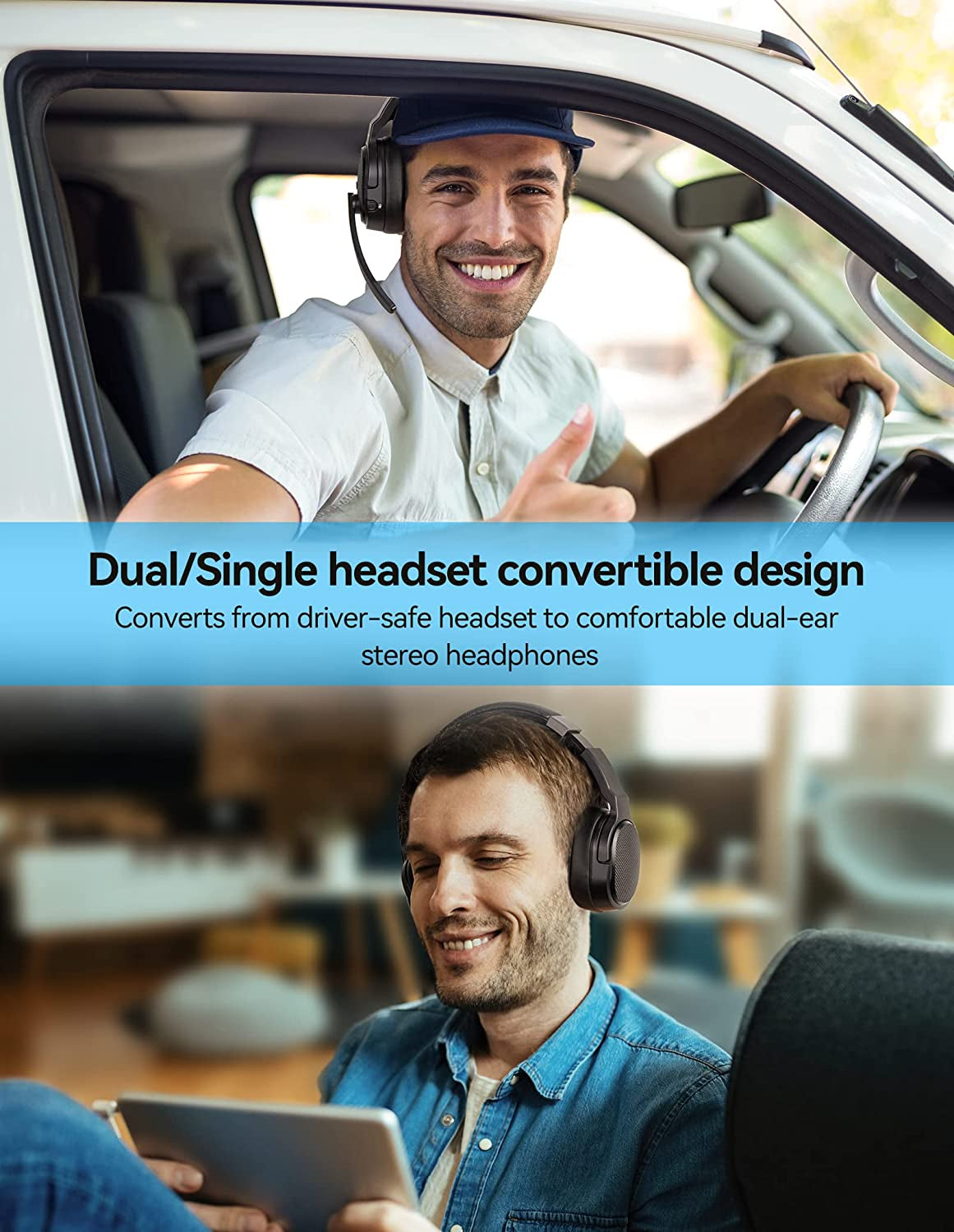 Wireless Bluetooth Trucker Headset with Microphone, Noise Cancelling, 3 EQ Music Modes - Bluetooth Headset for Truck Drivers, Office, and Call Centre Work, Single and Dual Ear Wireless Headphones