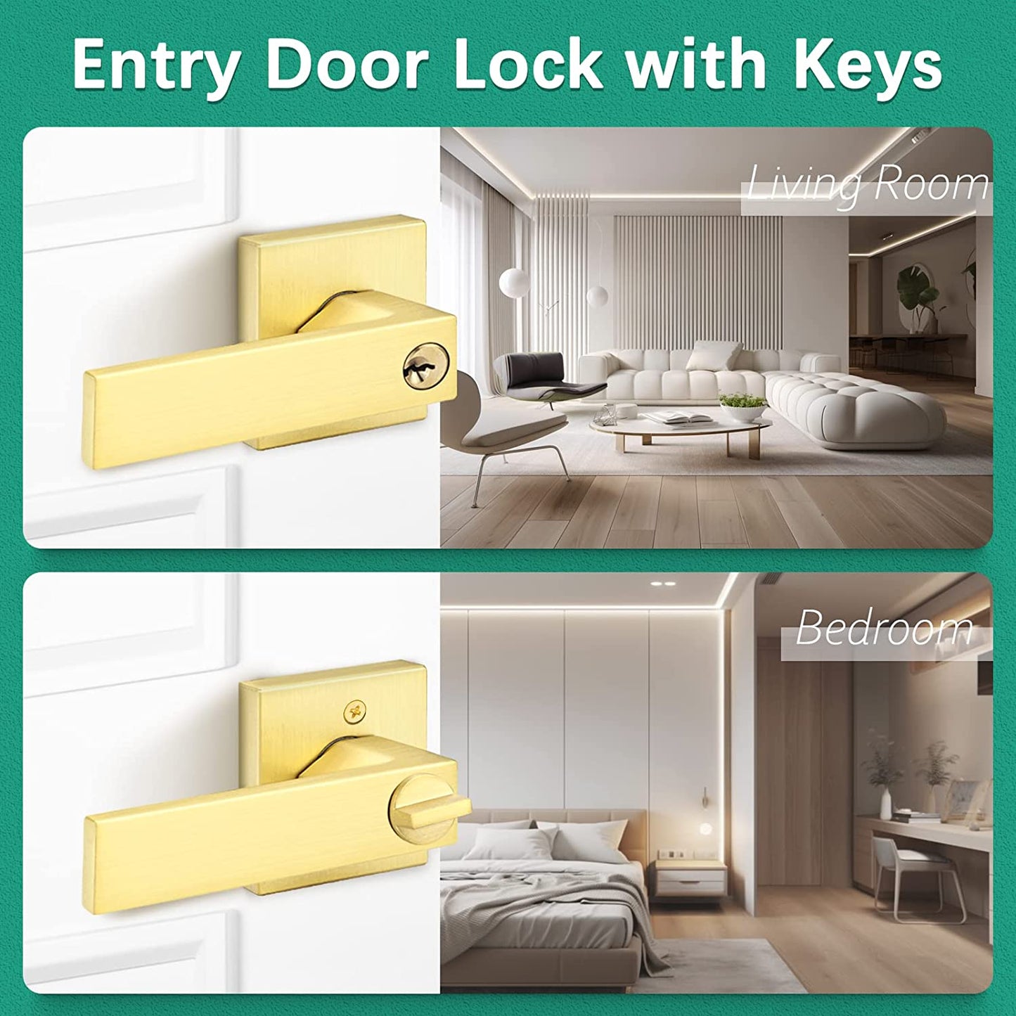 Satin Brass Keyed Entry Door Lever - Heavy-Duty Exterior Door Handle with a Keyed Entry Lock Set. Suitable for Left or Right-Handed Doors.