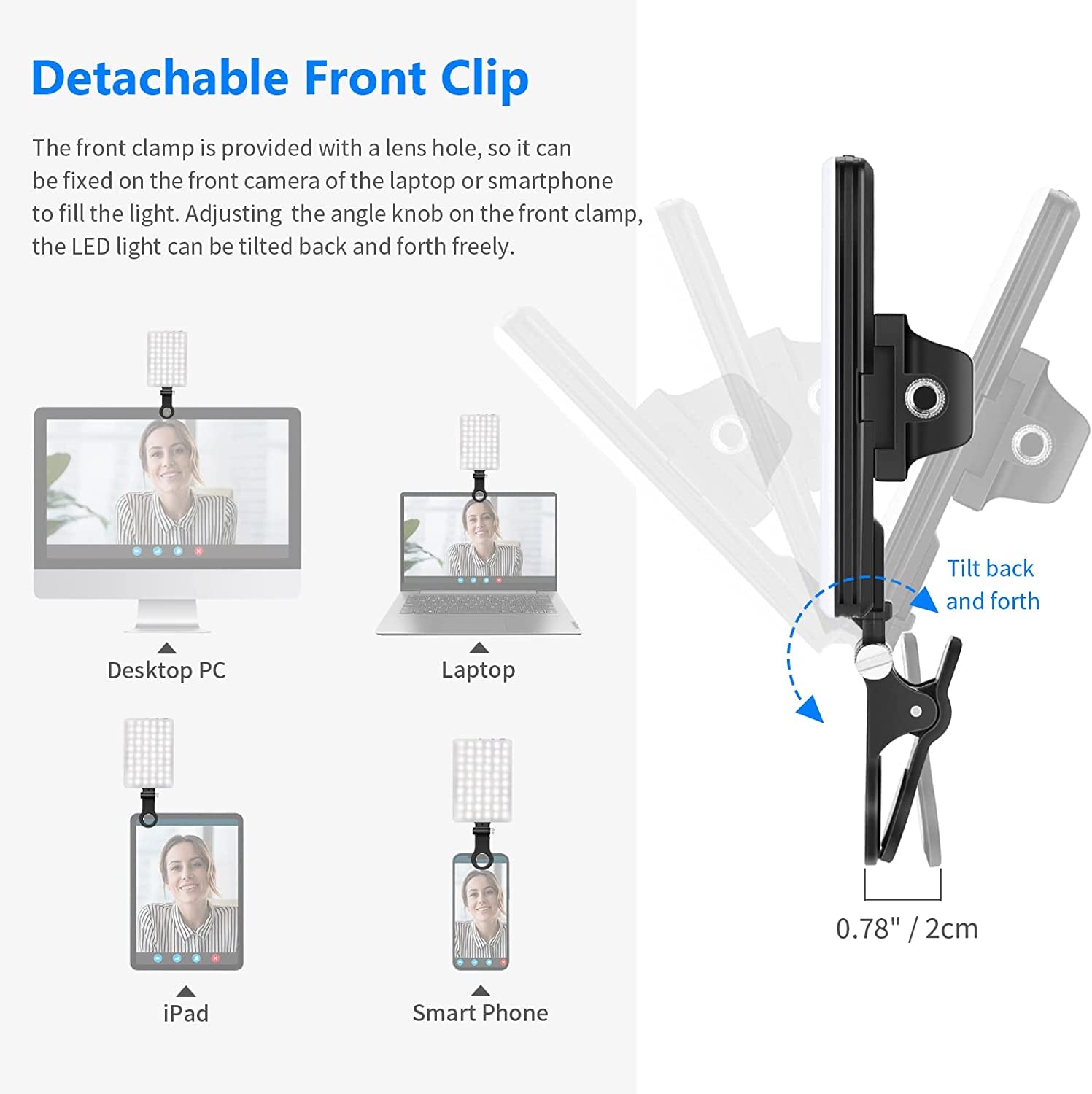 Portable LED Selfie Light with Front & Back Phone Clip, 60 High Power LEDs, 2000mAh Rechargeable Battery, CRI 95+, 3 Light Modes - Perfect for Phone/Tablet/Laptop, Zoom Calls, TikTok Videos, and Fill Light