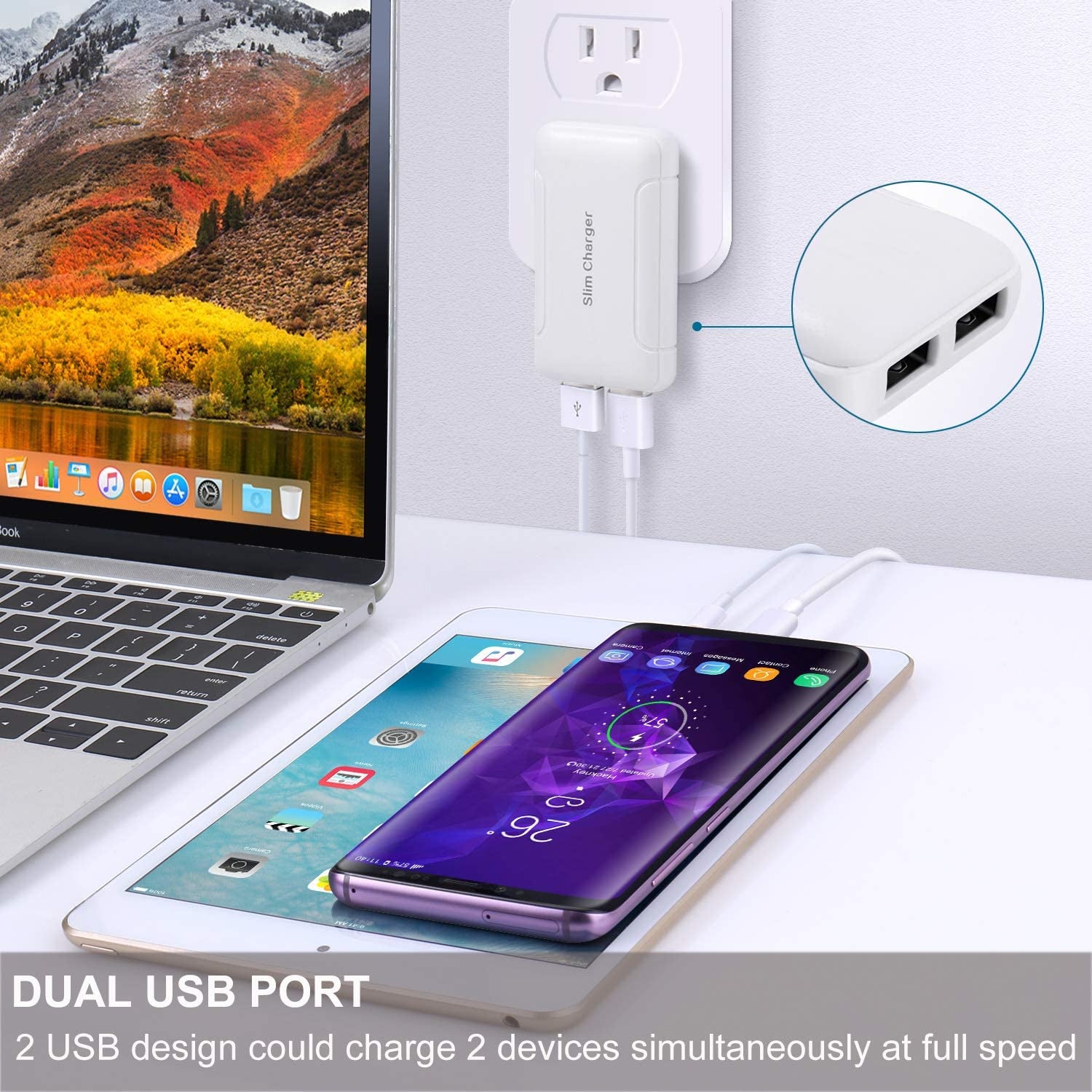 Dual Port USB Wall Charger with Foldable Plug - Slim, Portable Travel Adapter for iPhone, Samsung Galaxy, Nokia, Moto, Pixel, and More - White