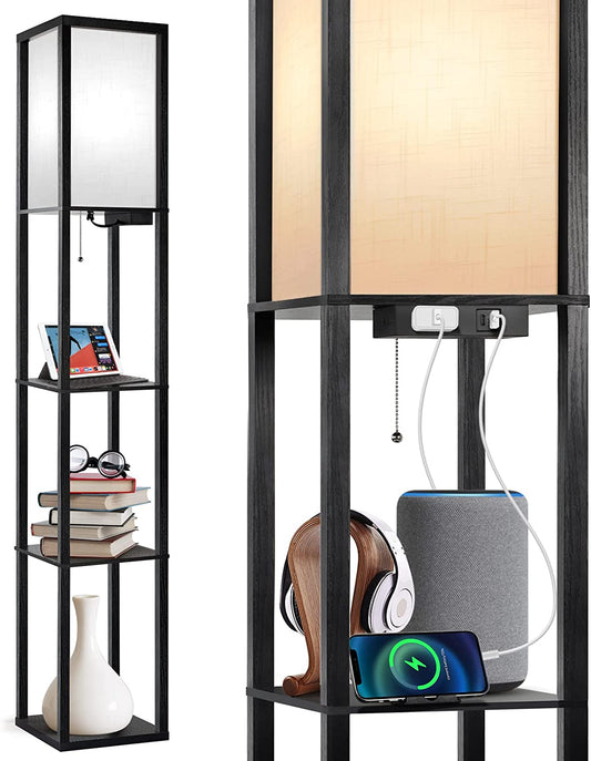 Modern Shelf Floor Lamp LED Floor Lamp with Shelves, 2 USB Ports & Power Outlet, 3 Color Temperature, Storage Display Wood Column Standing Tall Lamp for Living Room, Bedroom, Office (Black)