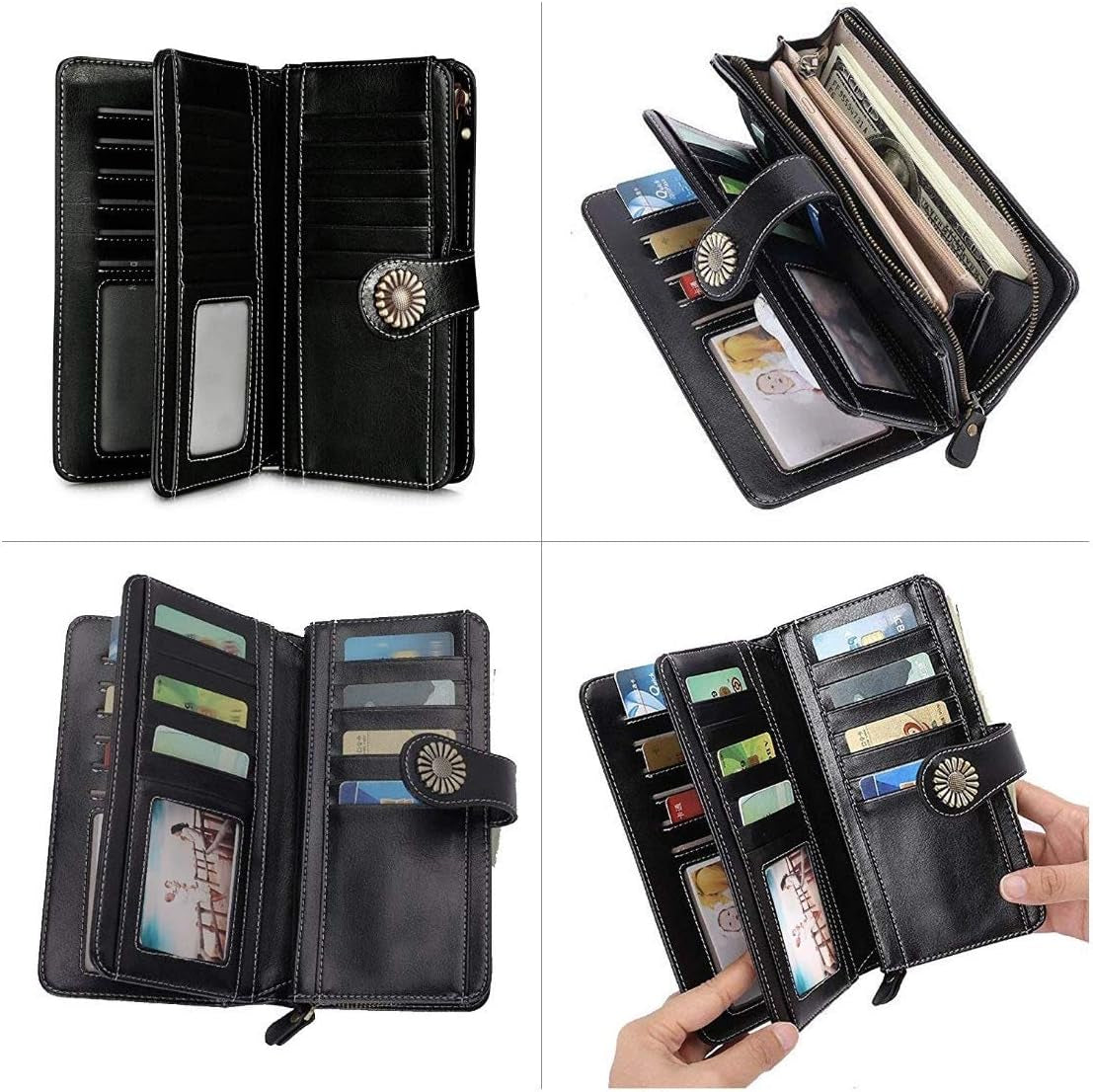 Genuine Leather Women's RFID Blocking Wallet Black - Clutch Style with Card Holder Organizer and Purse Functionality, Available in Black; Measures 7.6 x 1.37 x 4.1 inches, Offers Zipper Closure, Snap Closure, and Trifold Closure for Enhanced Security.