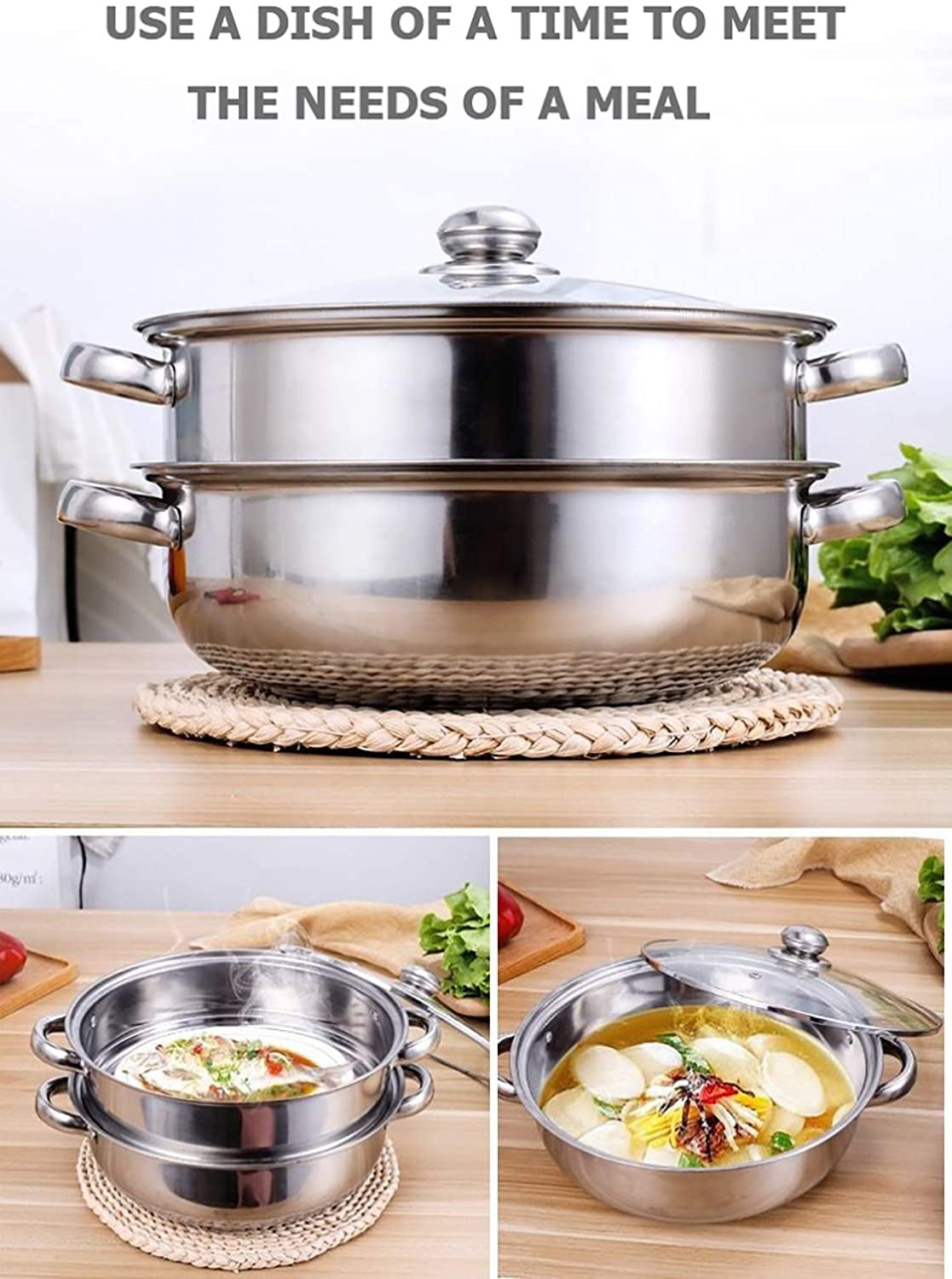 Stainless Steel 2-Tier Steamer Pot - 28cm Steamer Pot with Glass Lid for Cooking Vegetables, Dim Sum, and More. Versatile Cookware and Kitchen Tool for Steaming in the Kitchen.