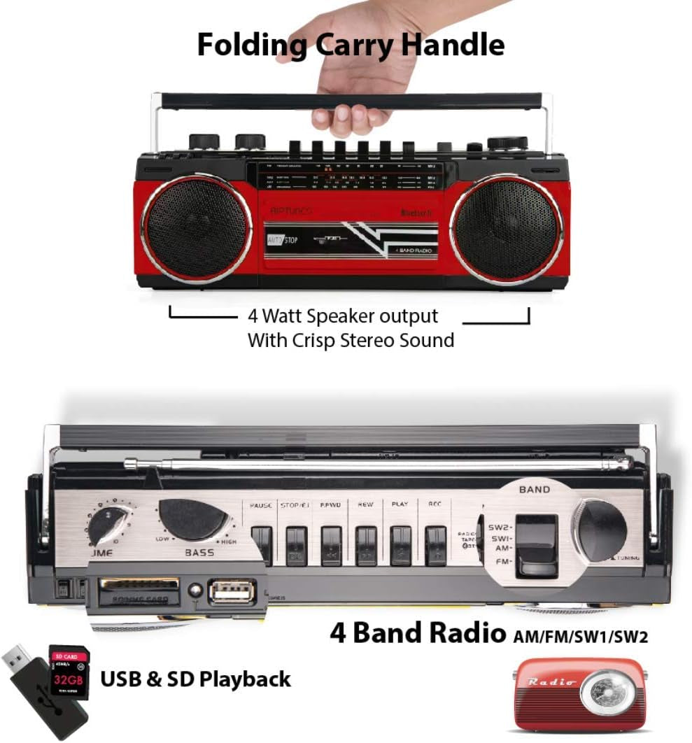  Cassette Boombox with Bluetooth, Cassette Player and Recorder, AM/FM/SW-1-SW2 Radio, USB, SD - Retro Blue, RED