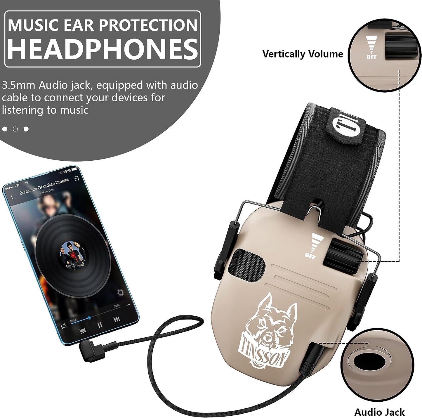  Electronic Noise Cancelling: NRR 23dB Earmuffs for Shooting and Hunting, Equipped with 3.5mm Audio Jack for Gun Range Use in FDE Color