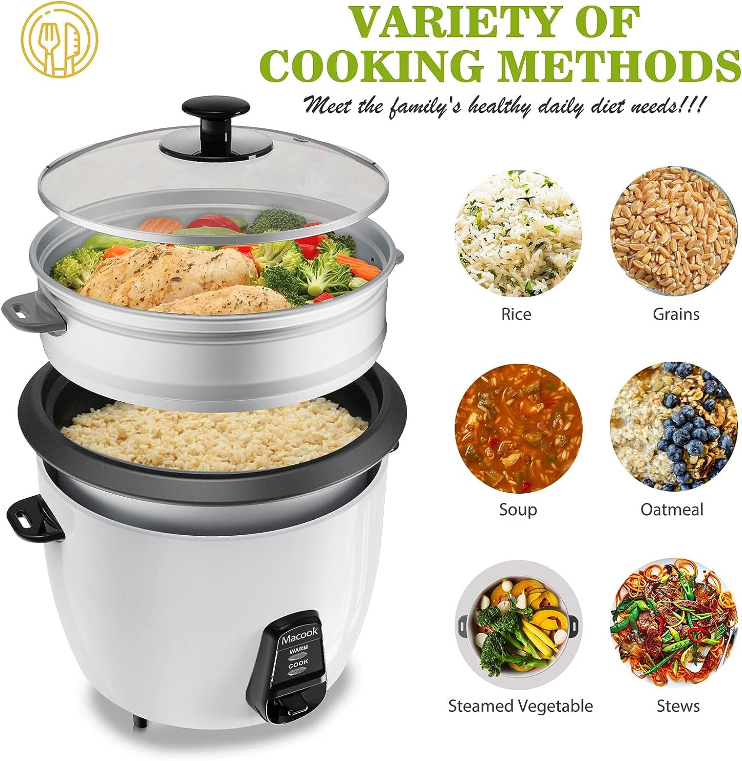 Large Rice Cooker and Food Steamer: 10 Cups Uncooked (20 Cups Cooked) Rice Maker with Removable Non-Stick Pot, Suitable for Cooking, Soups, Stewing, Steaming, and Featuring an Automatic Keep Warm Function - White Color