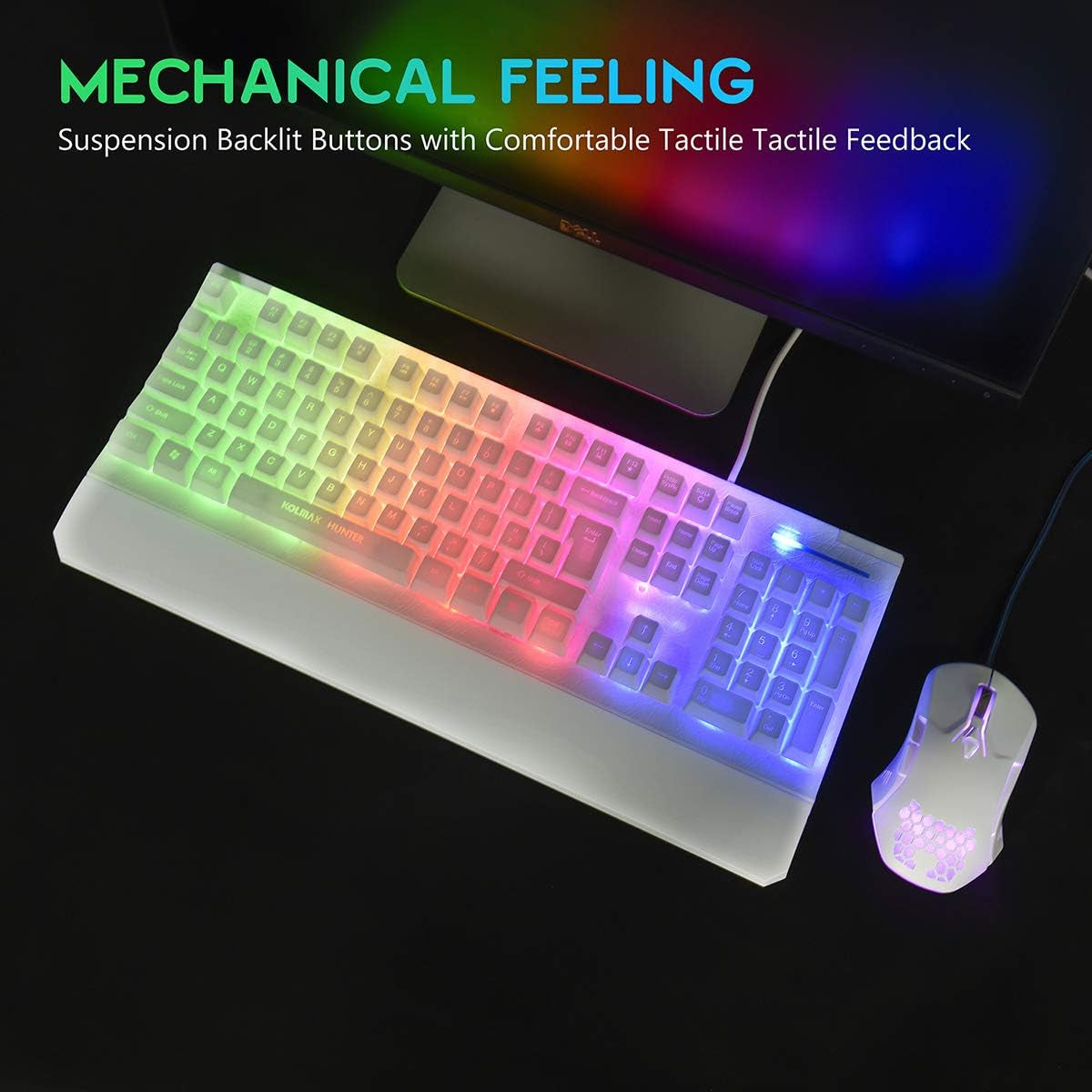 Gaming Keyboard and Mouse Combo in White - Features Colorful Lights with Rainbow LED Backlit Keyboard, Ergonomic Detachable Wrist Rest, and a Programmable 3200 DPI 7-Button Gaming Mouse, Suitable for Windows PC, Mac, Office, and Gaming Use.