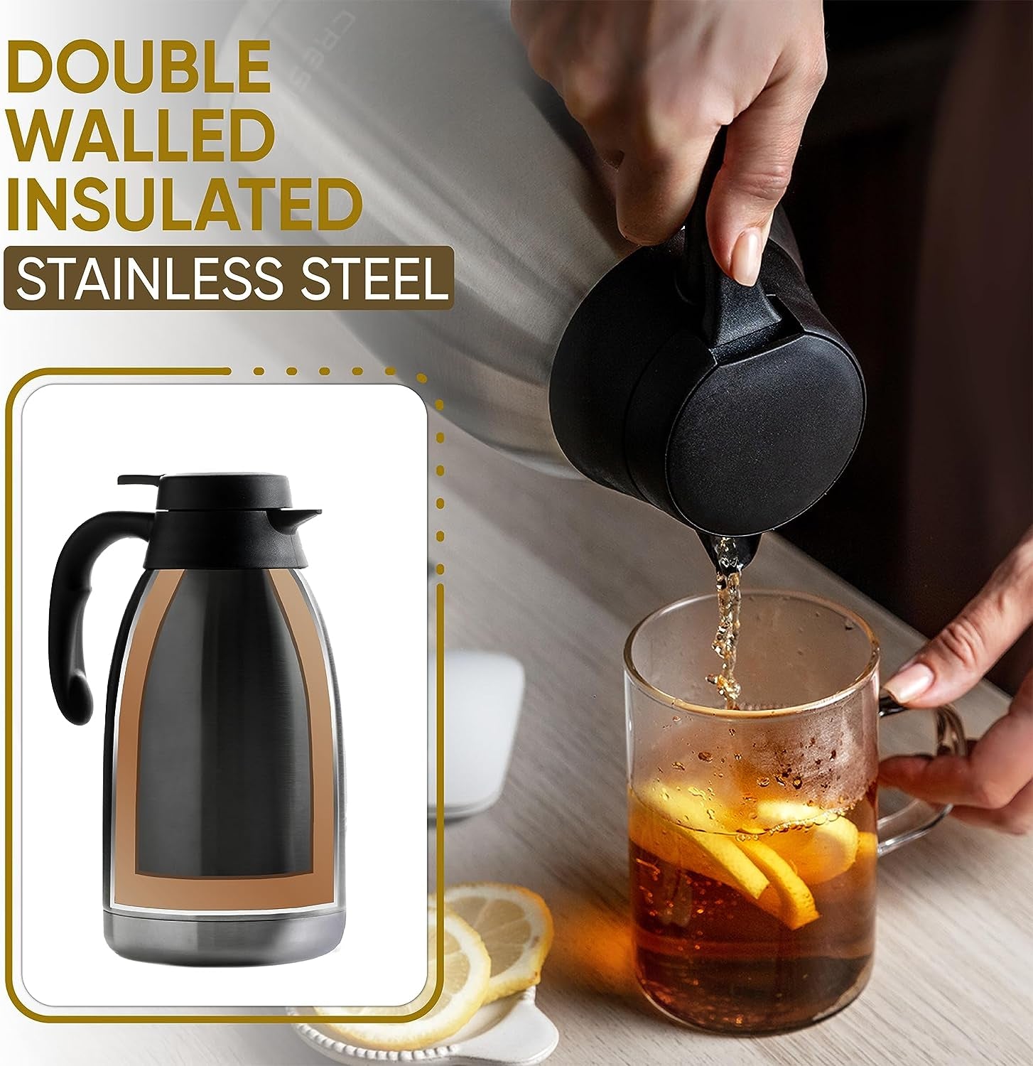 68oz Thermal Coffee Carafe: Insulated Stainless Steel Double Walled Vacuum Flask/Thermos, Keeps Coffee and Tea Hot for 12 Hours - Ideal Coffee Dispenser