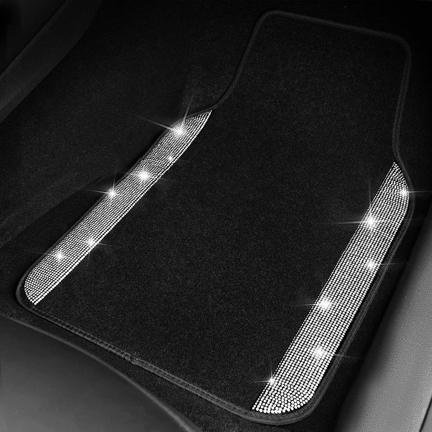 Rhinestone-Embellished Carpet, Crystal Diamond Glitter Car Floor Mats with Anti-Slip Heel Pad, Universal Fit for SUVs, Sedans, Vans, and Cars - 4pcs Set, Black Silver