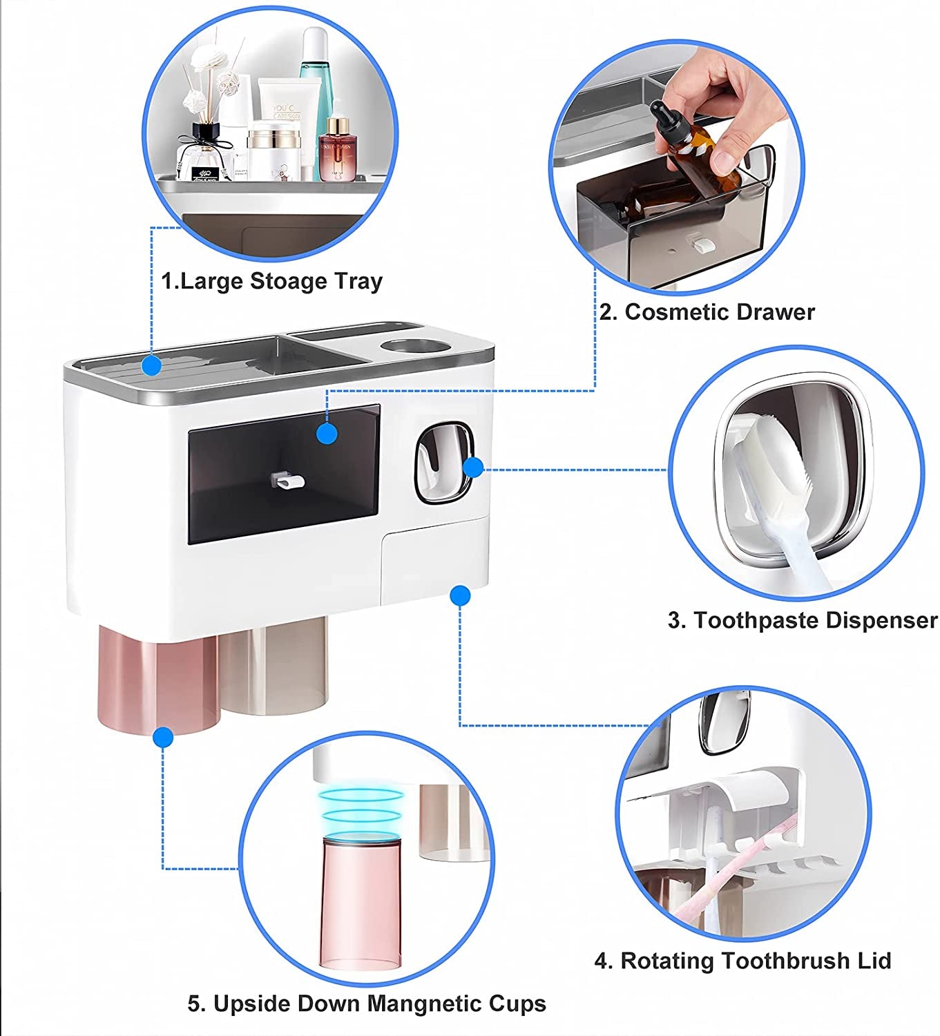 Wall-Mounted Toothbrush Holder with Automatic Toothpaste Dispenser, 2 Cups, and 1 Cosmetic Drawer