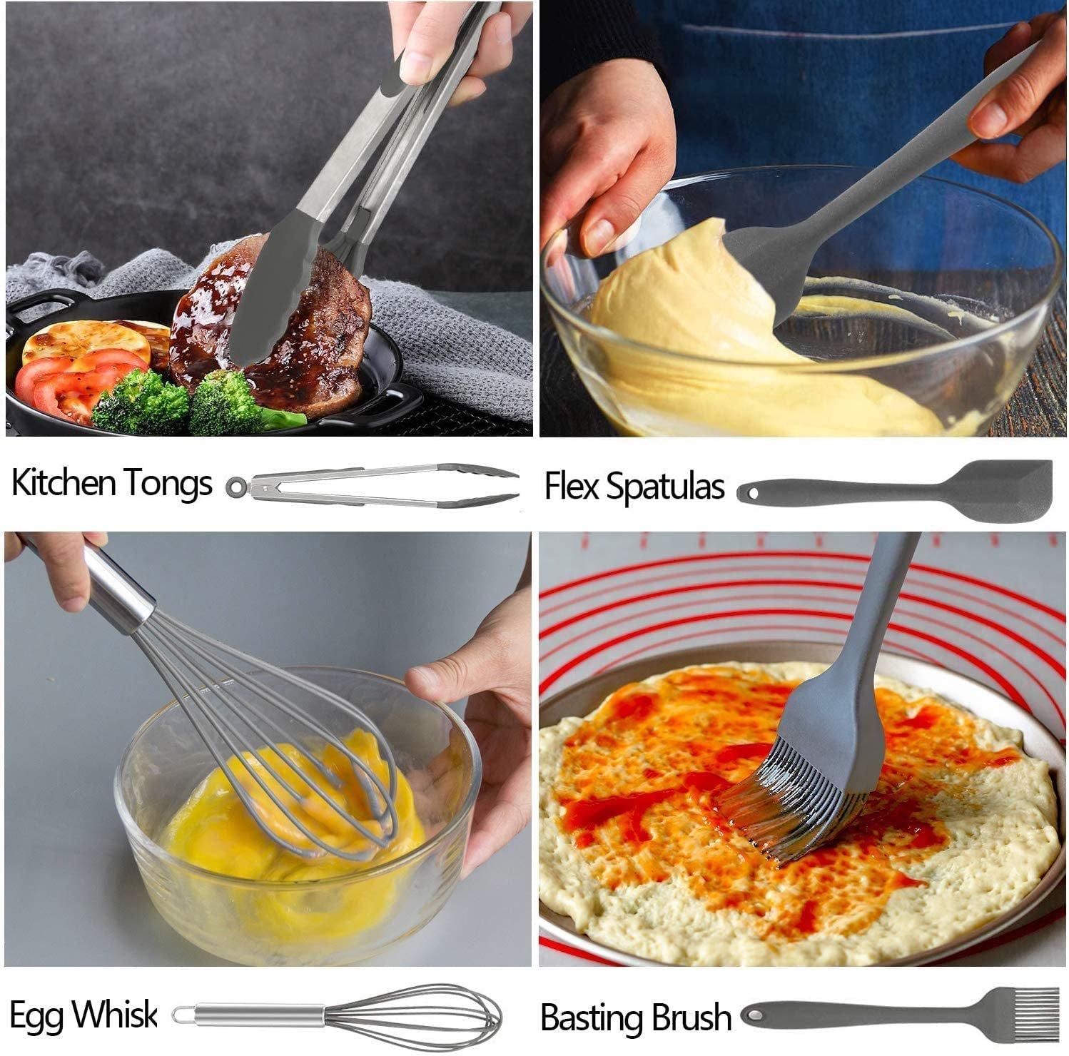 25-Piece Silicone Kitchen Utensils Set with Heat Resistant Stainless Steel Handle and Grey Silicone Grip