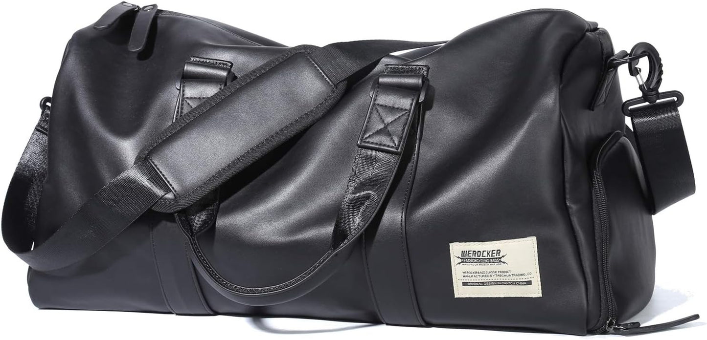 Waterproof Leather Gym Duffle Bag - Large Sports Bag for Travel - Features Shoes Compartment and Wet Bag - Suitable for Men and Women - Ideal for Weekends and Overnight Trips.