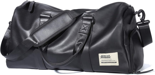 Waterproof Leather Gym Duffle Bag - Large Sports Bag for Travel - Features Shoes Compartment and Wet Bag - Suitable for Men and Women - Ideal for Weekends and Overnight Trips.