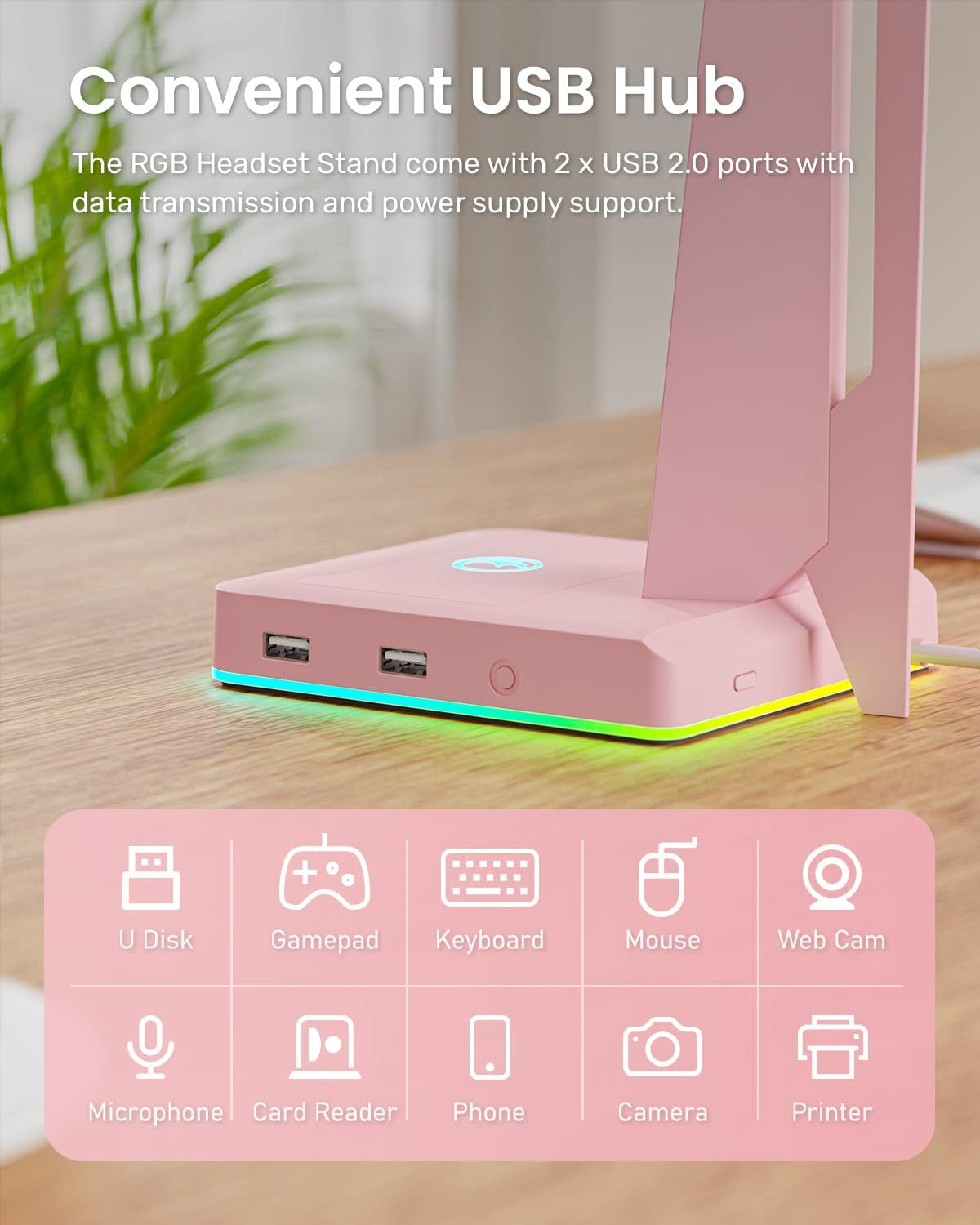 Pink RGB Gaming Headset Stand: Game Headphone Mount with 2 USB Ports. Great for PC, Xbox One, PS4, Switch. Features Earphone Holder Hanger. Perfect for Gaming Stations and Fancy Desk Gamer Accessories.