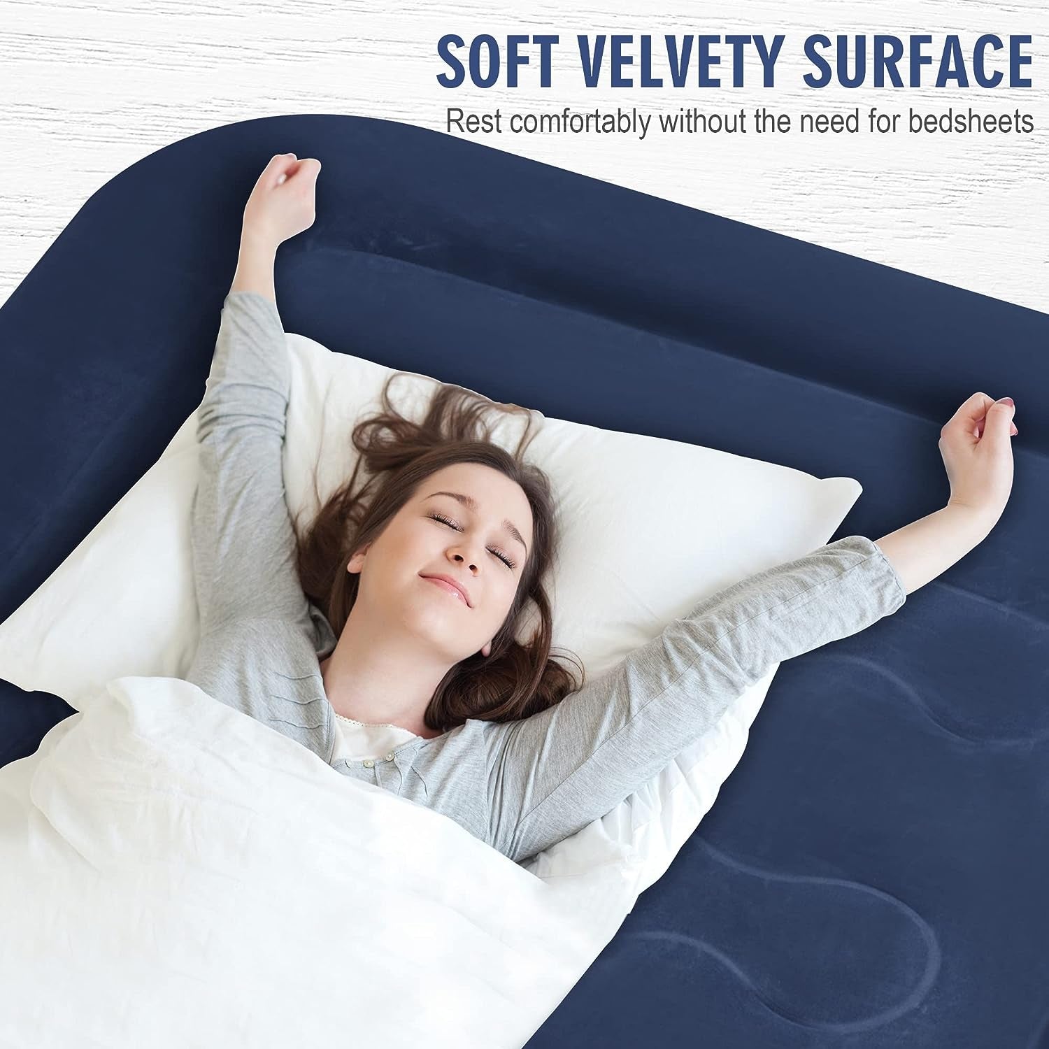Queen Size Inflatable Air Bed with Built-in Pump, Suitable for 1 or 2 Persons, Premium Flocked Material, Rapid 3-Minute Inflation/Deflation, Ideal for Home and Camping Use, Includes a Convenient Storage Bag.