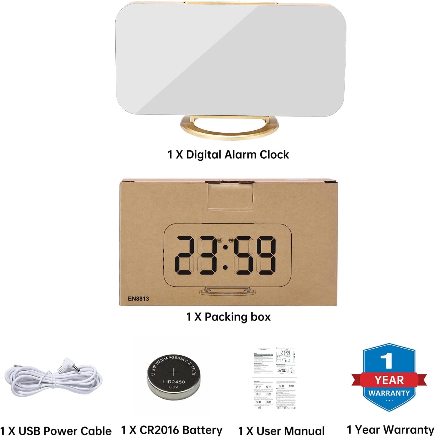 LED Digital Alarm Clock with Large Mirror Display, Dual USB Charger Ports, 3 Levels Brightness, 12/24H Format, Modern Electronic Clock for Bedroom, Home, Living Room, Office - Gold