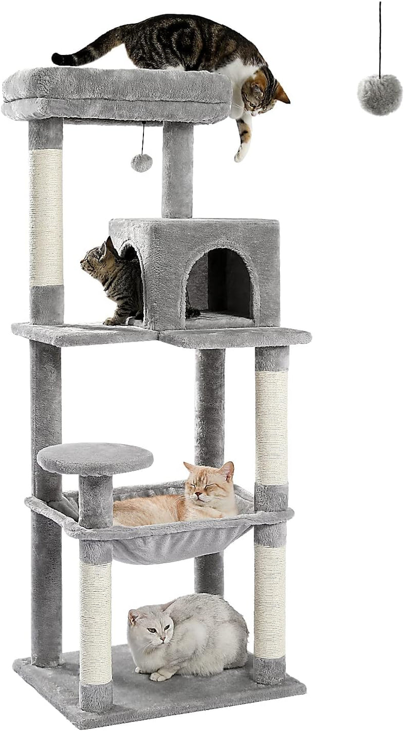 Cat Tree for Large Cats - Sturdy Metal Frame, Spacious Hammock, and Multi-Level Design - Ideal Indoor Cat Tower with Condo House, Scratching Posts, and Top Perch - 56.3" [143cm] Height - Elegant Grey Color