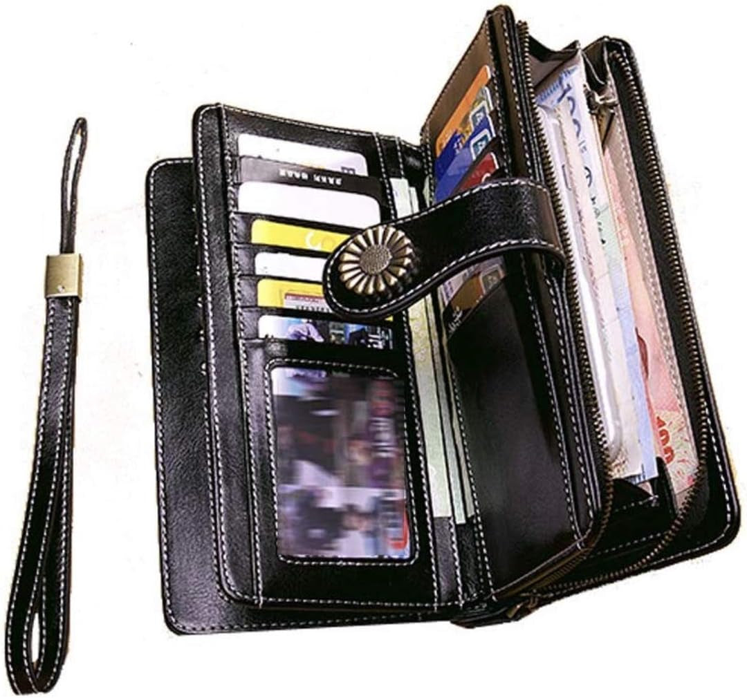 Genuine Leather Women's RFID Blocking Wallet Black - Clutch Style with Card Holder Organizer and Purse Functionality, Available in Black; Measures 7.6 x 1.37 x 4.1 inches, Offers Zipper Closure, Snap Closure, and Trifold Closure for Enhanced Security.