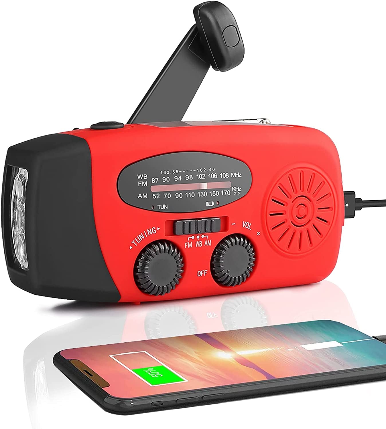 Solar Powered Hand Crank Emergency Weather Radio: Features FM/AM/NOAA Radio, 3-LED Flashlight, and 2000mAh Power Bank for Smartphones - A Must-Have for Emergency Situations.