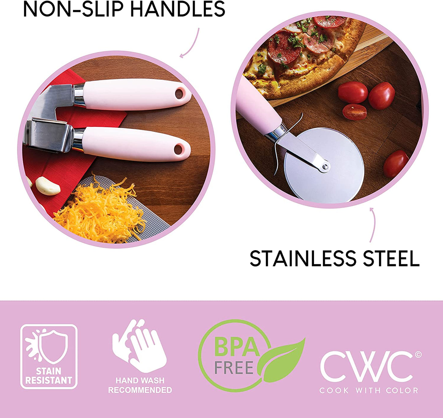 7-Piece Stainless Steel Kitchen Gadget Set with Soft Touch Pink Handles for Enhanced Cooking Experience