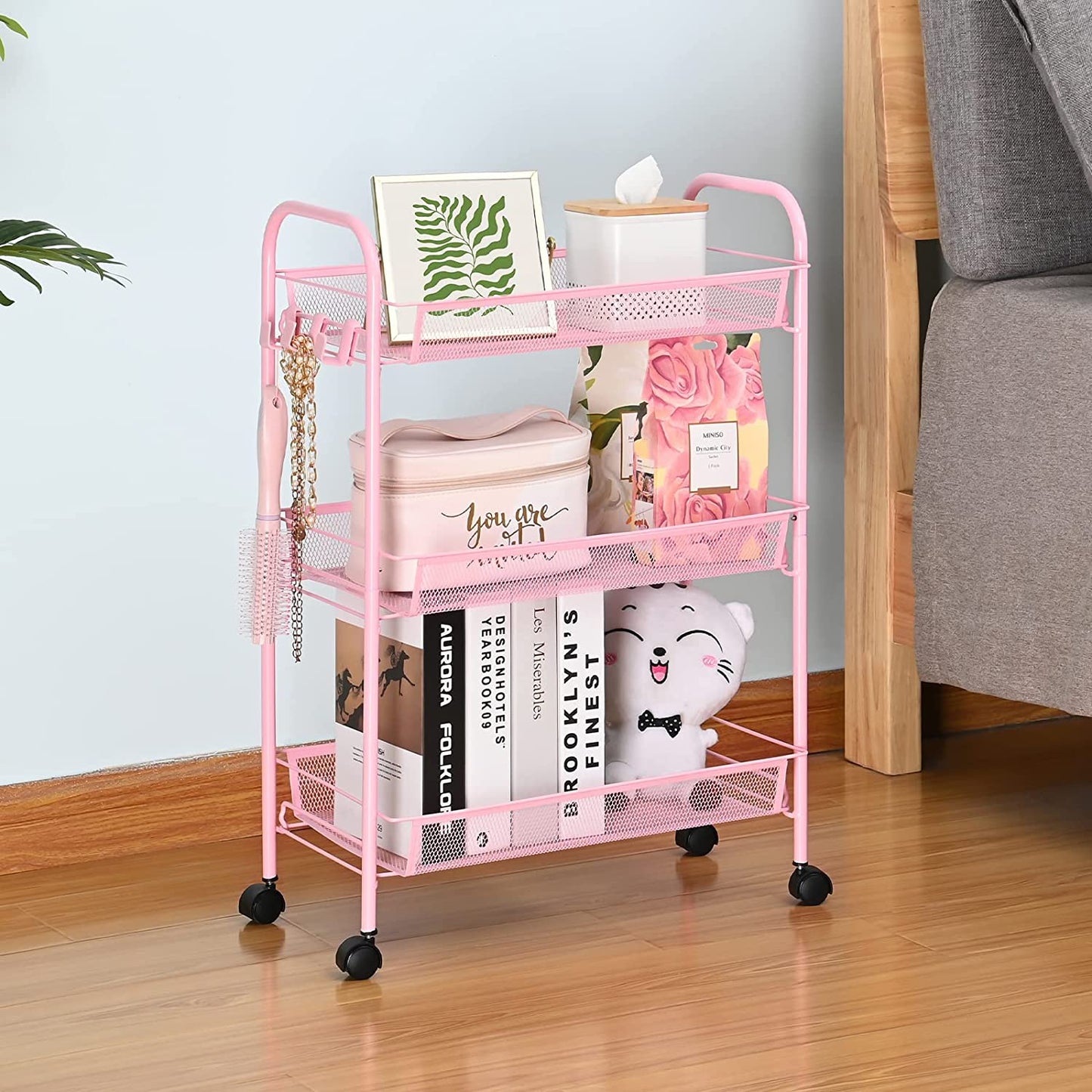 Pink 3-Tier Rolling Cart - Easy-to-Assemble Mobile Storage Trolley with Wheels, Ideal for Kitchen, Bathroom, Laundry Room, and More.