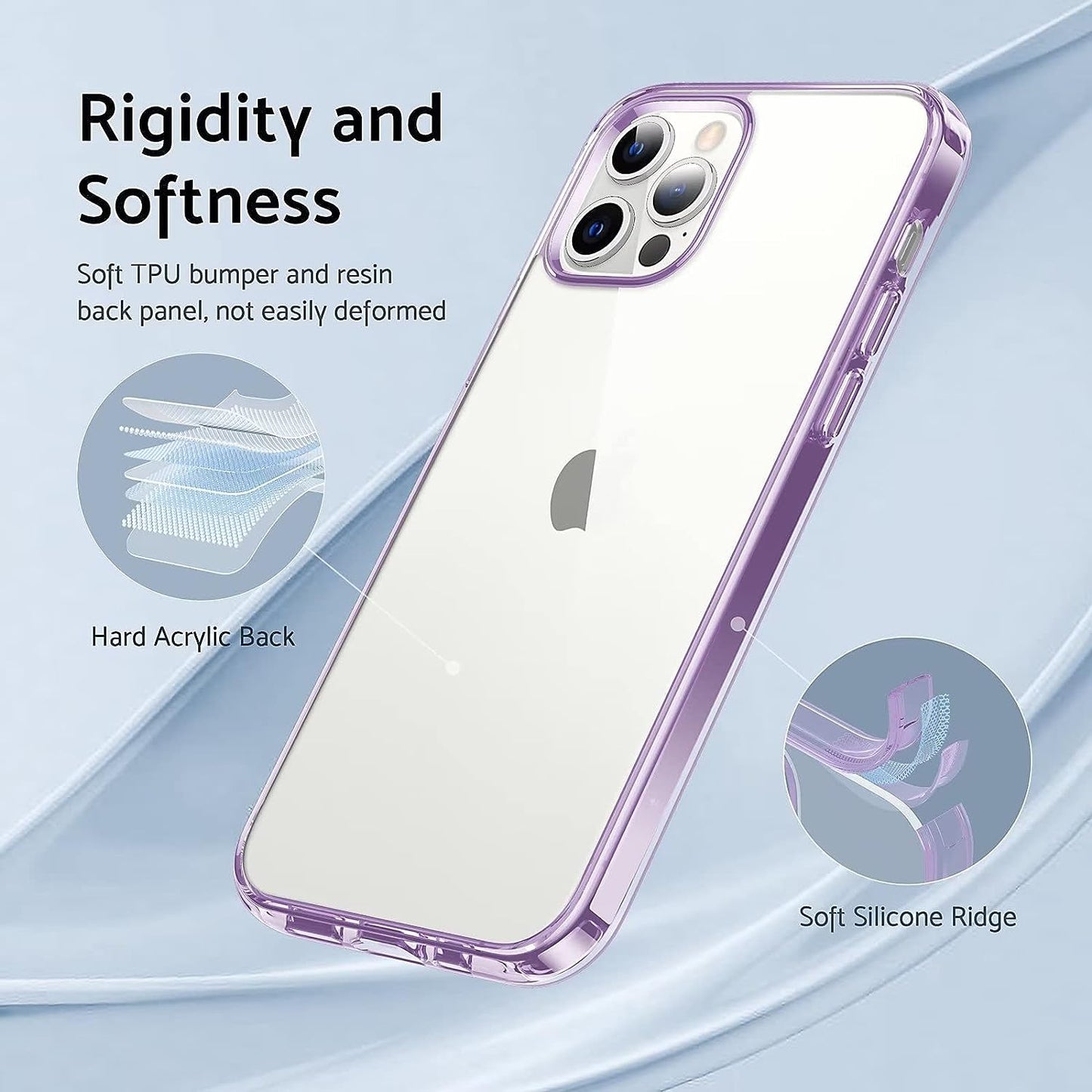 iPhone 12/12 Pro Case - Crystal clear, non-yellowing, military-grade protective cover. Soft silicone, slim design. Clear Purple.