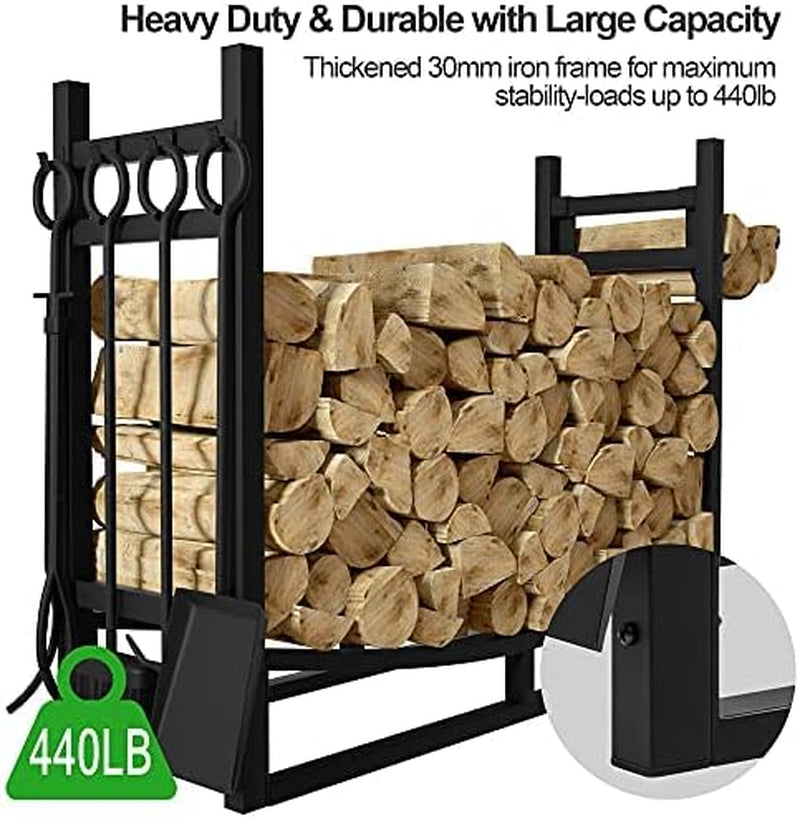 Spacious Firewood Rack with Fireplace Tools - Indoor/Outdoor Fireplace Tool Organizer, Robust Kindling Holder, Sturdy Wood Storage Log Rack, Stacker Stand with Stove Accessories in Black