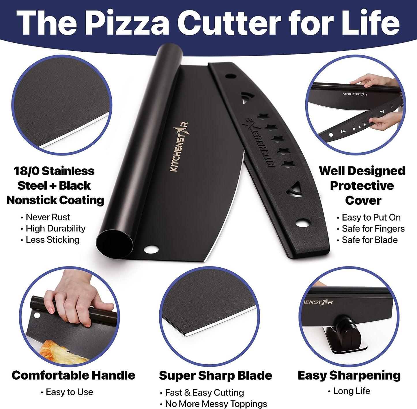  14-Inch Black Non-Stick Pizza Cutter - High-Quality Stainless Steel Slicer Knife with Blade Cover - Rocker Style for Precise Portioning - Dishwasher Safe - Must-Have Pizza Oven Accessory