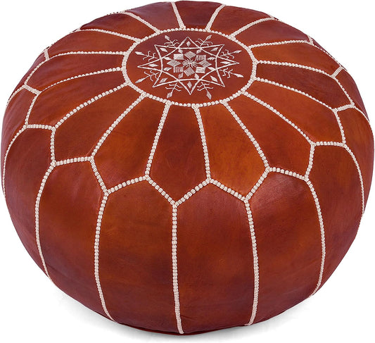 Moroccan Pouf Cover  Round & Large (unstuffed)- Ottoman Leather Cover Pouf - Bohemian Living Room Decor - Hassock & Ottoman Footstool - Unstuffed (Round, Dark Brown)