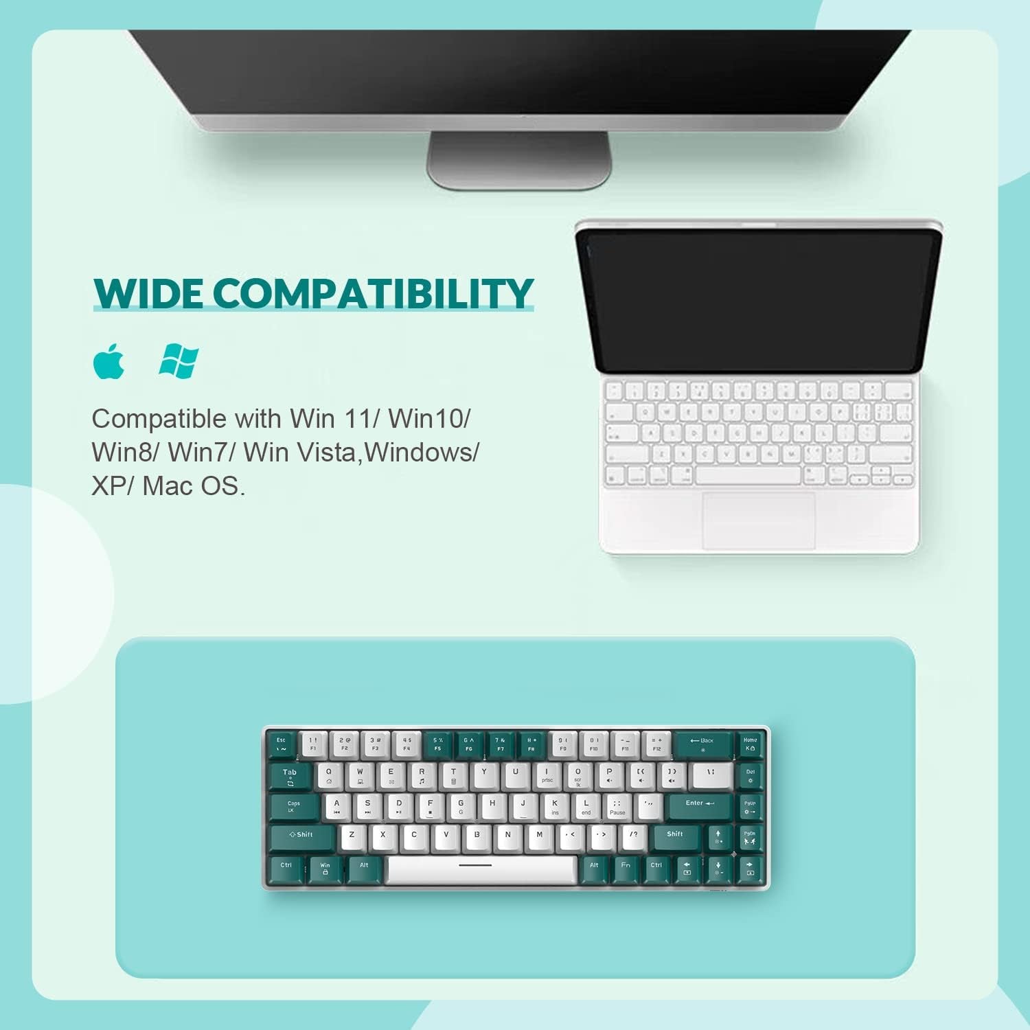 RK-T8 Wired 65% Mechanical Gaming Keyboard - TKL Mini with RGB LED Backlighting, Anti-Ghosting, and Custom Coiled USB-C Cable. Features Tactile Blue Switch for PS4, PS5, Xbox, PC, Mac Gamers. Available in Green/White.