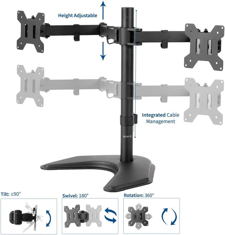 Free-Standing Desk Stand for Dual LED LCD Monitors - Supports 2 Screens up to 27 Inches with Heavy-Duty Fully Adjustable Arms, Max VESA 100x100mm