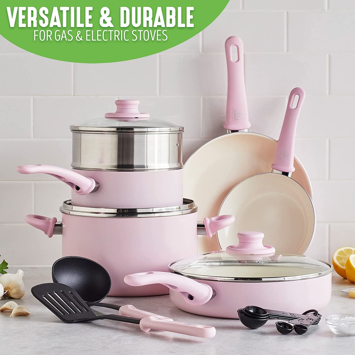 Soft Grip Ceramic Nonstick Cookware Set - 12 Piece, PFAS-Free, Dishwasher Safe, Pink