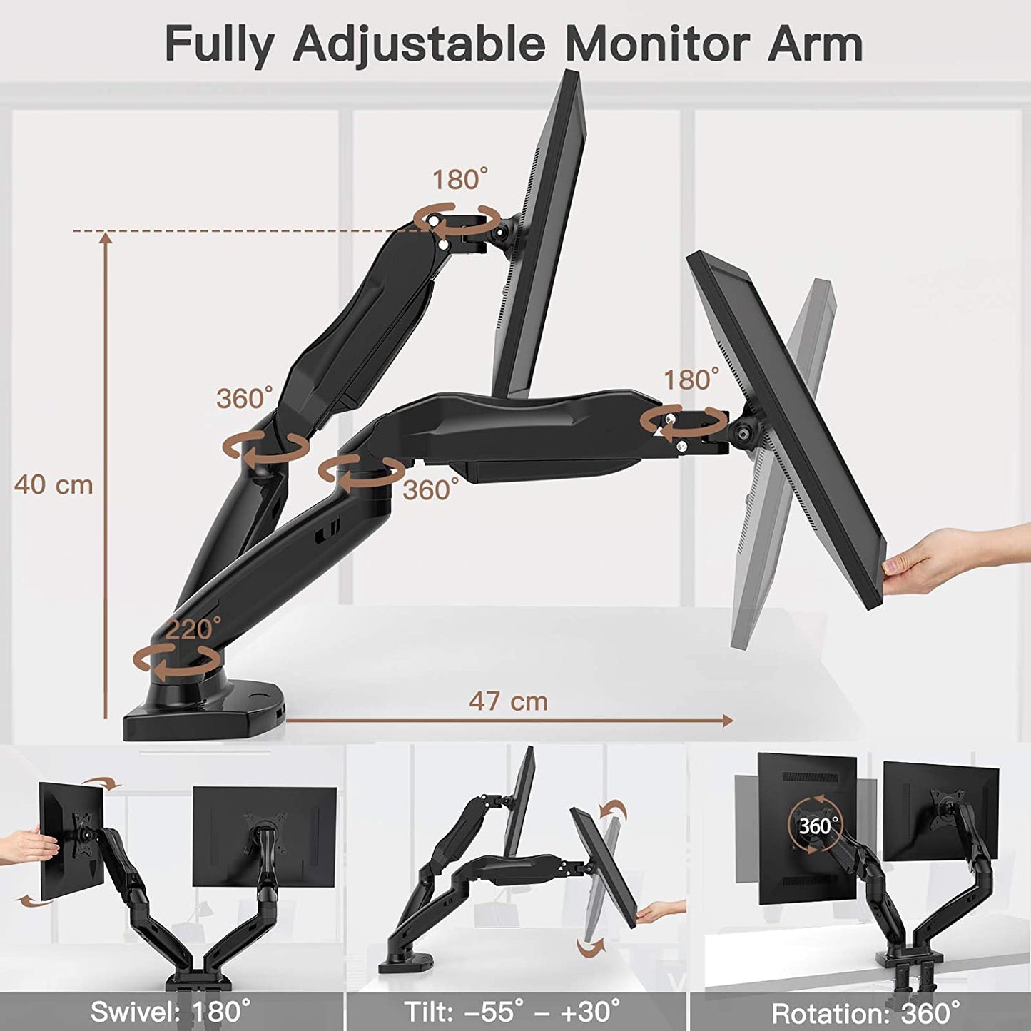 Dual Arm Monitor Mount - Gas Spring Adjustable Desk Mount with VESA Bracket - Compatible with 17 to 27 Inch Computer Screens - Each Arm Supports 4.4 to 14.3 lbs - Mounts Securely via C-Clamp or Grommet Base